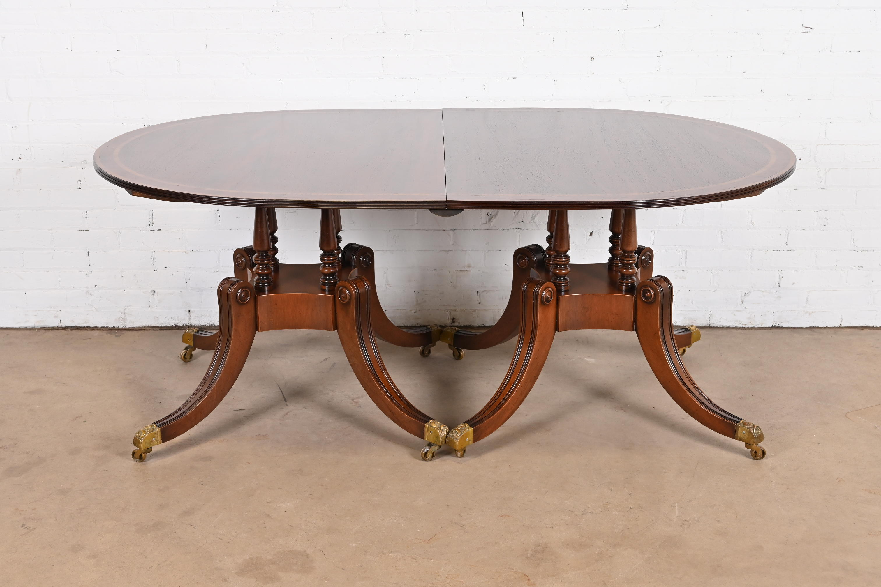 Baker Furniture Style Georgian Banded Mahogany Double Pedestal Extension Dining Table, Newly Refinished - Image 10