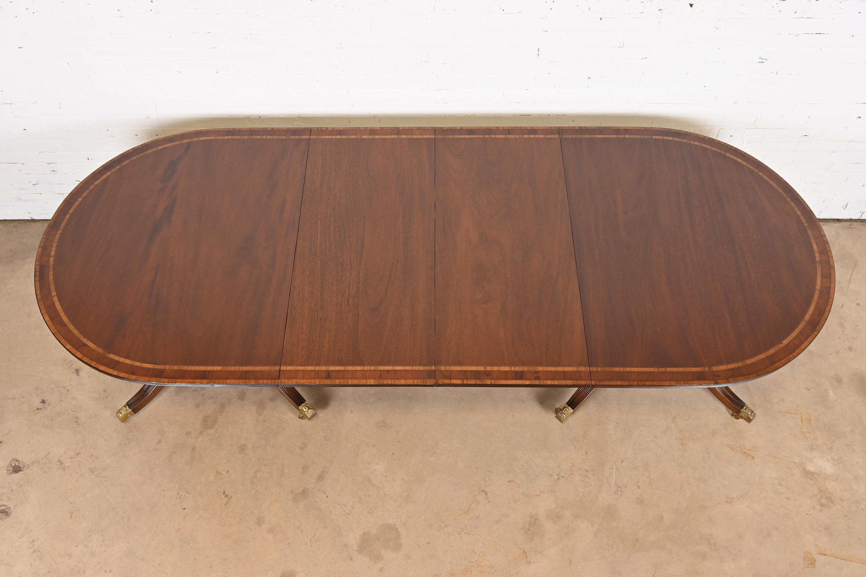 Baker Furniture Style Georgian Banded Mahogany Double Pedestal Extension Dining Table, Newly Refinished - Image 7
