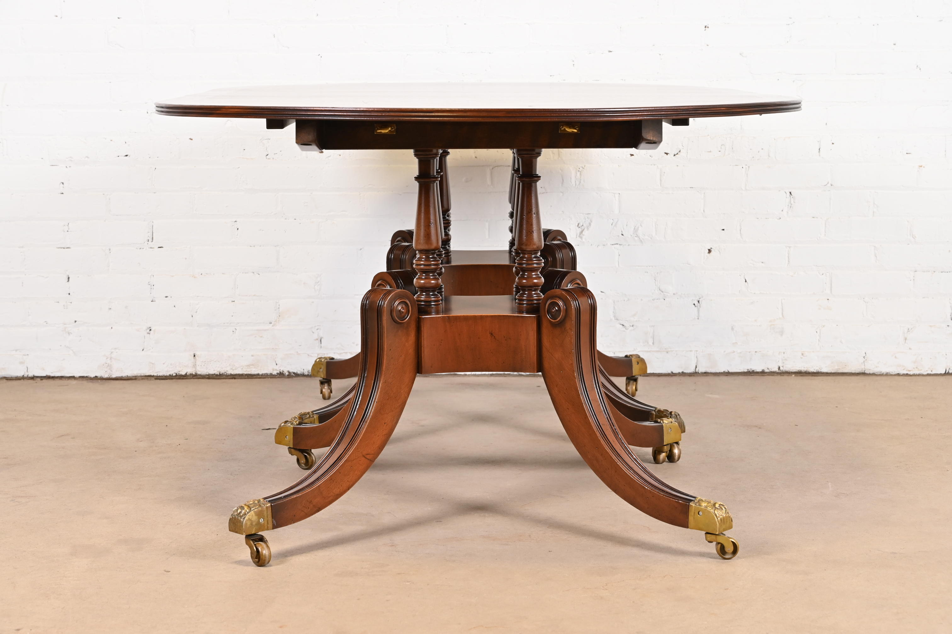 Baker Furniture Style Georgian Banded Mahogany Double Pedestal Extension Dining Table, Newly Refinished - Image 11