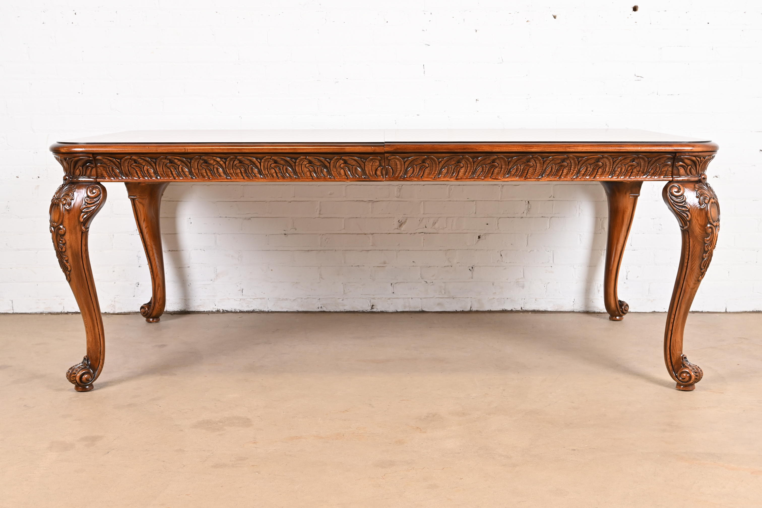 Henredon Italian Baroque Carved Oak and Burl Wood Extension Dining Table, Newly Refinished - Image 8