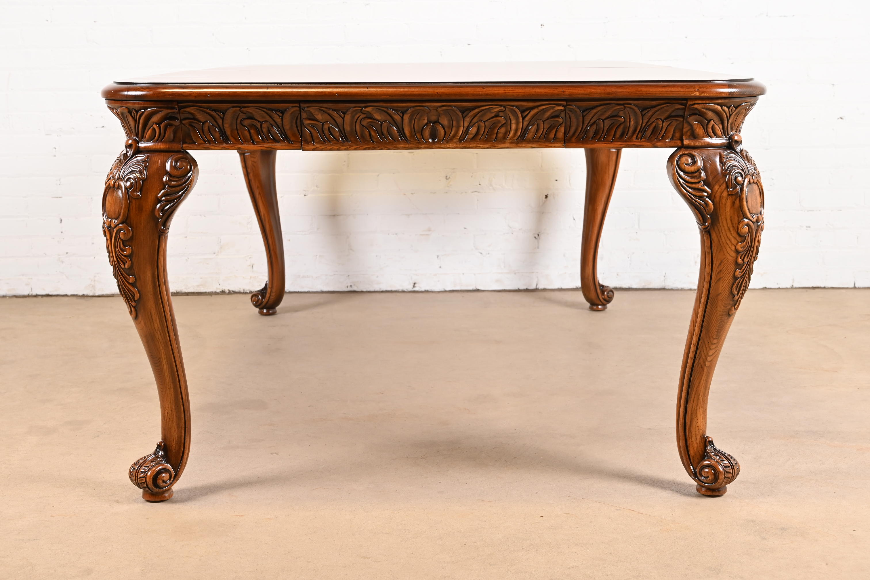 Henredon Italian Baroque Carved Oak and Burl Wood Extension Dining Table, Newly Refinished - Image 11