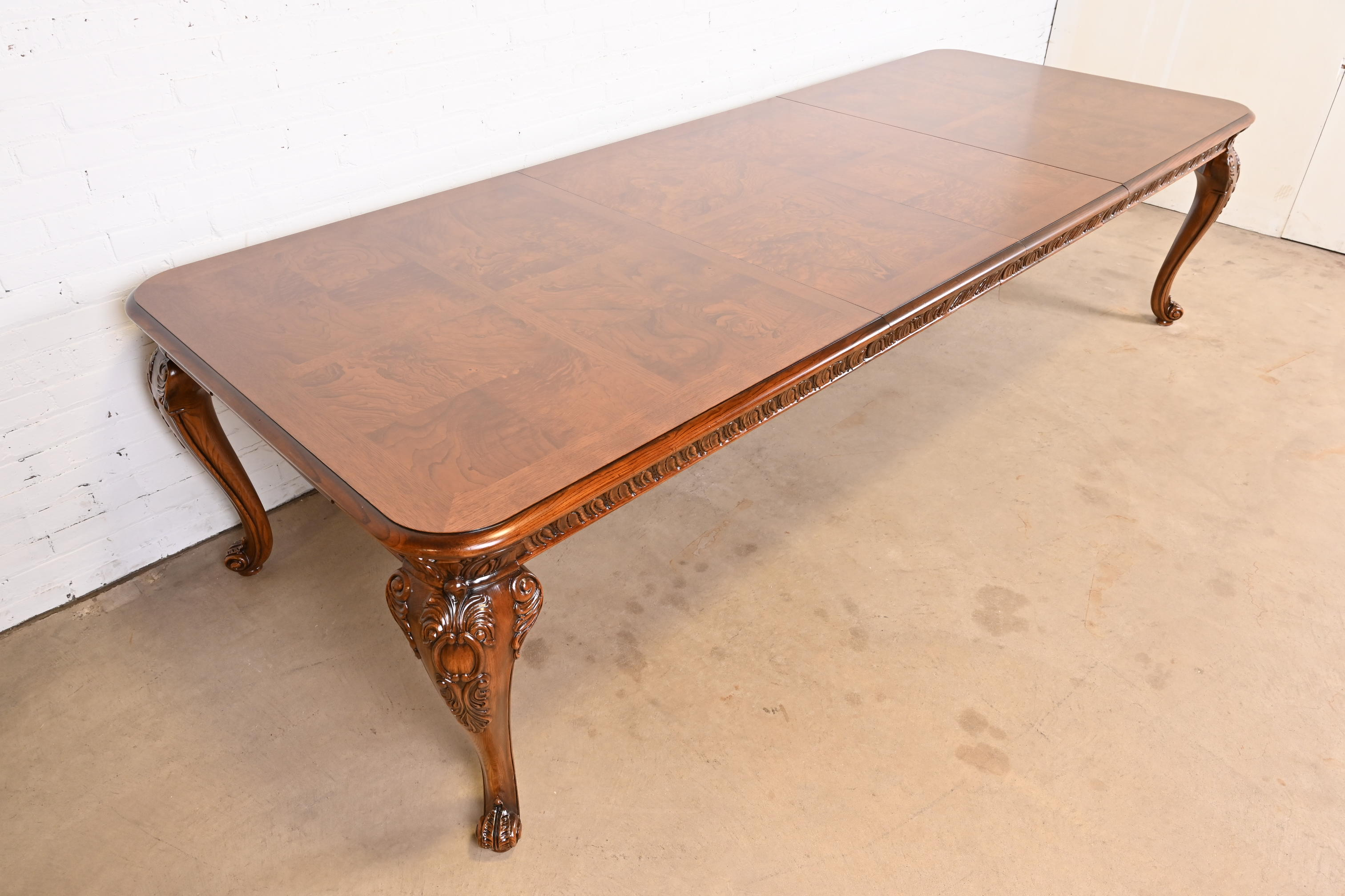 Henredon Italian Baroque Carved Oak and Burl Wood Extension Dining Table, Newly Refinished