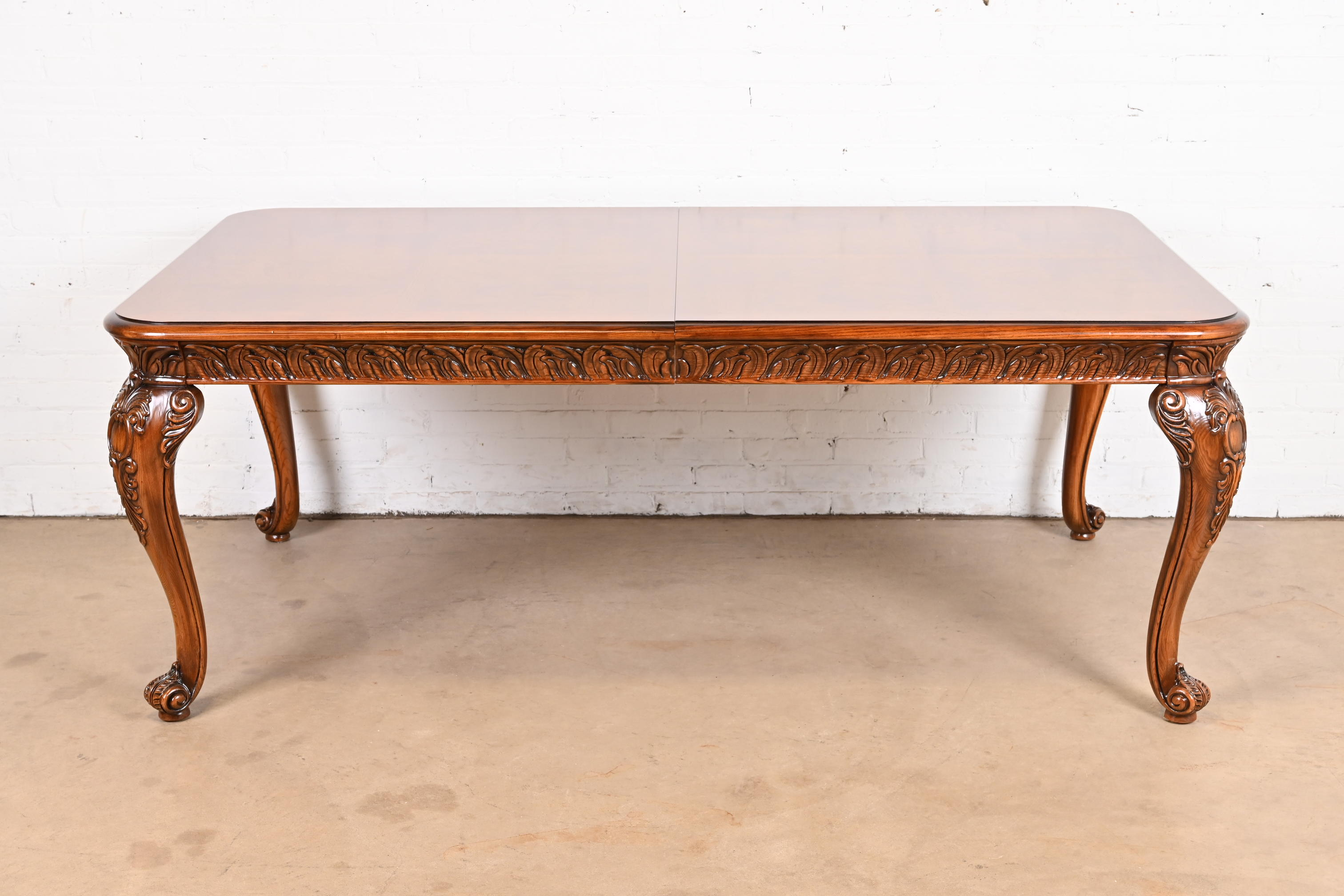 Henredon Italian Baroque Carved Oak and Burl Wood Extension Dining Table, Newly Refinished - Image 7