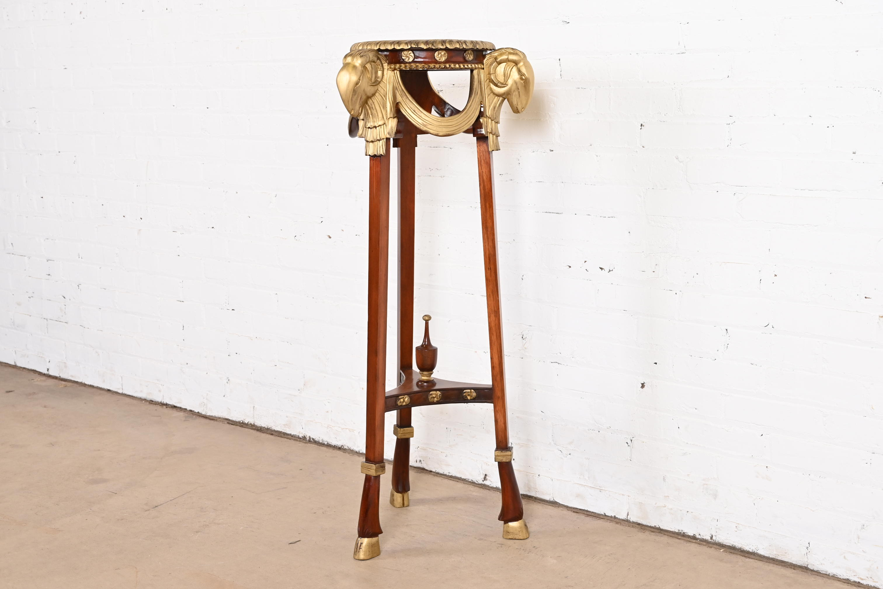 John Widdicomb Neoclassical Mahogany Guéridon Pedestal Table or Plant Stand With Gold Gilt Ram Heads and Hooved Feet - Image 4