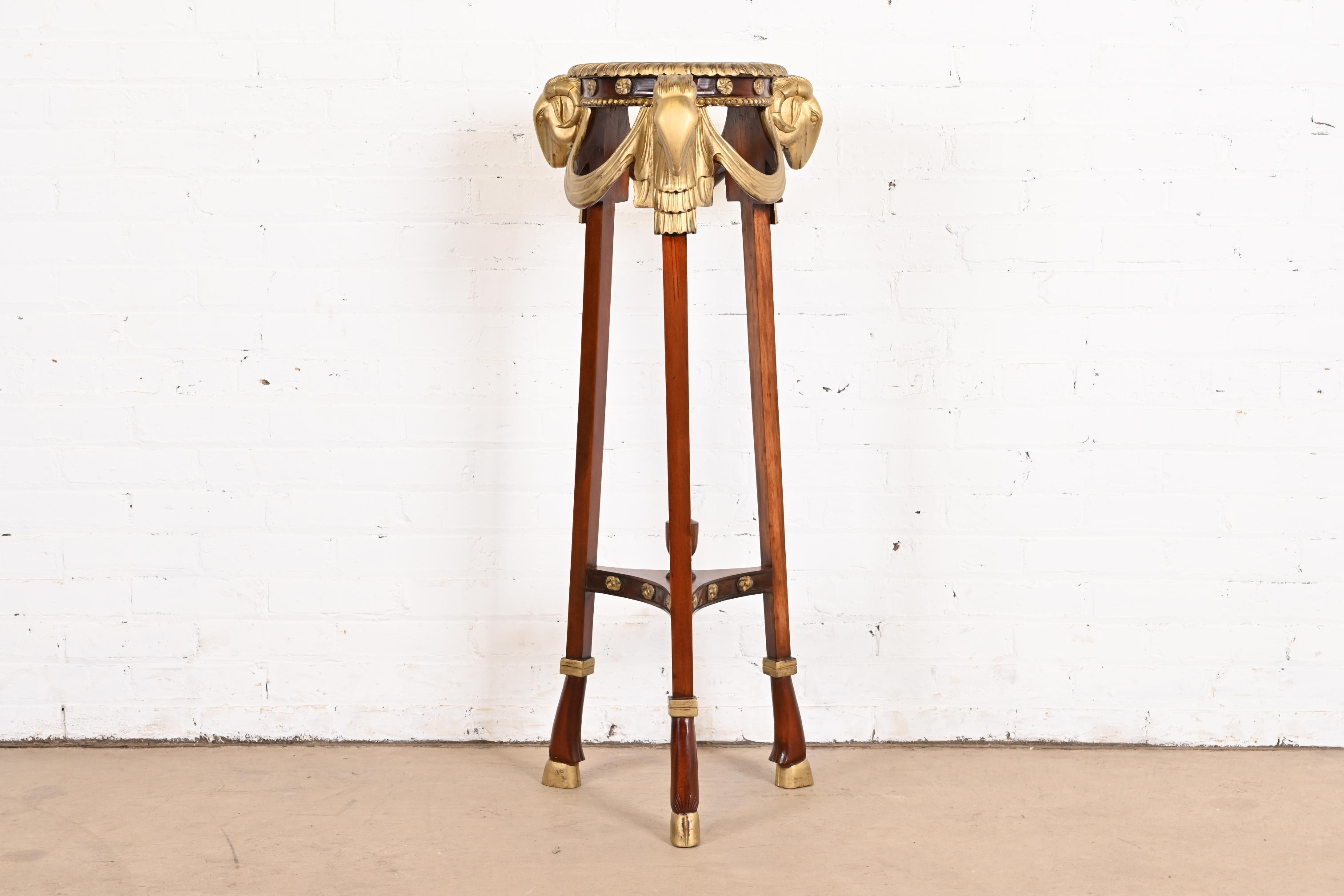 John Widdicomb Neoclassical Mahogany Guéridon Pedestal Table or Plant Stand With Gold Gilt Ram Heads and Hooved Feet - Image 2