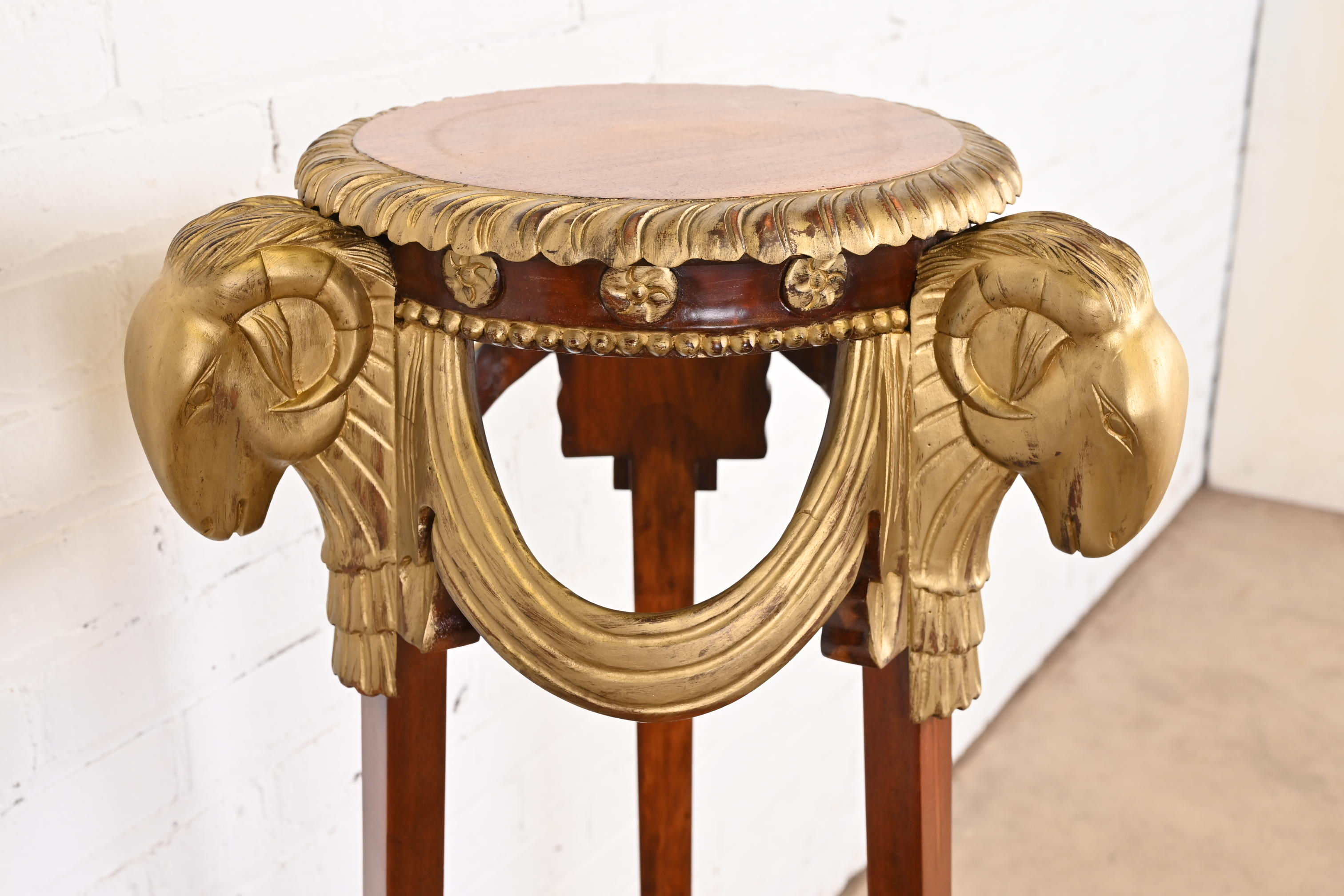 John Widdicomb Neoclassical Mahogany Guéridon Pedestal Table or Plant Stand With Gold Gilt Ram Heads and Hooved Feet - Image 7