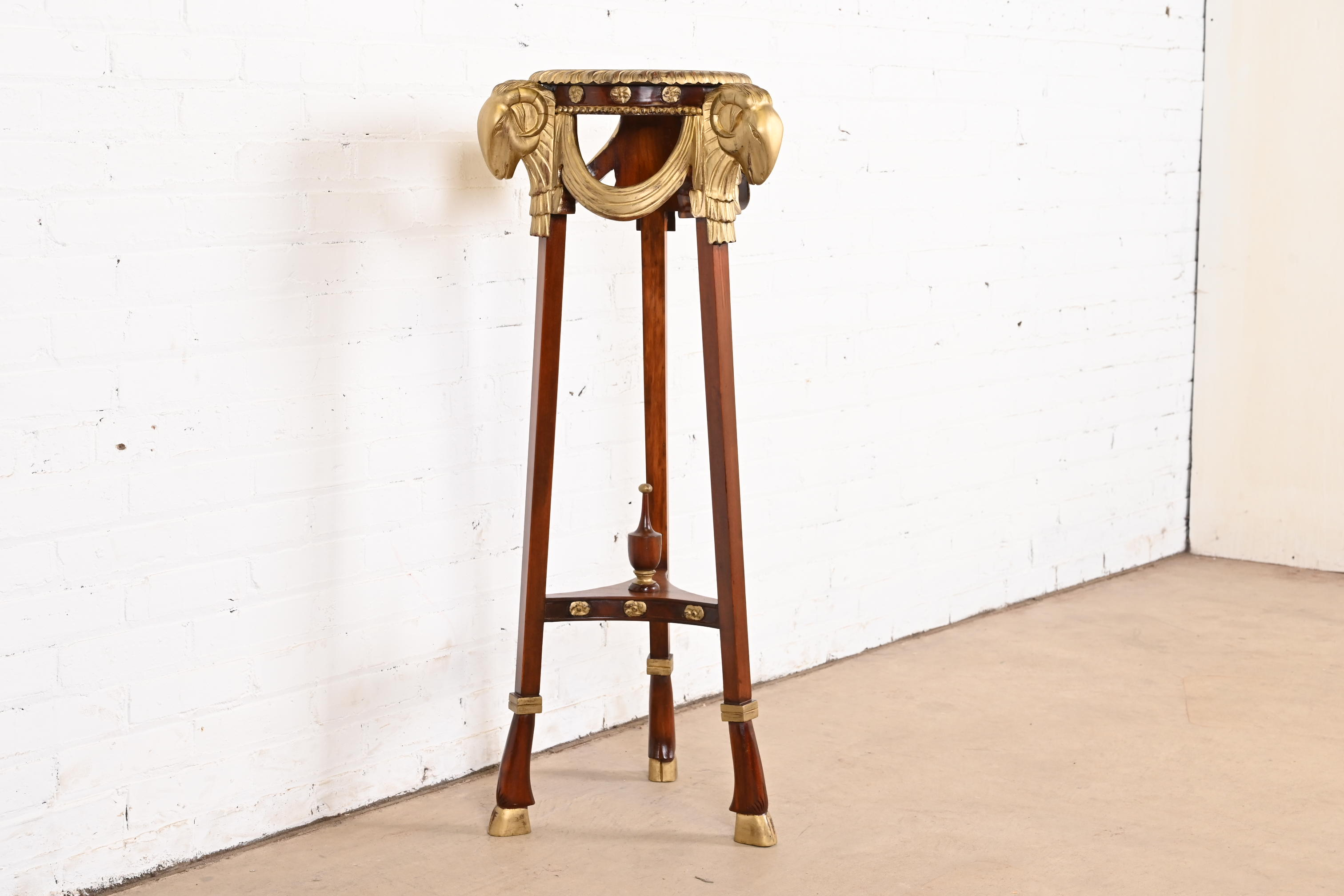 John Widdicomb Neoclassical Mahogany Guéridon Pedestal Table or Plant Stand With Gold Gilt Ram Heads and Hooved Feet - Image 6