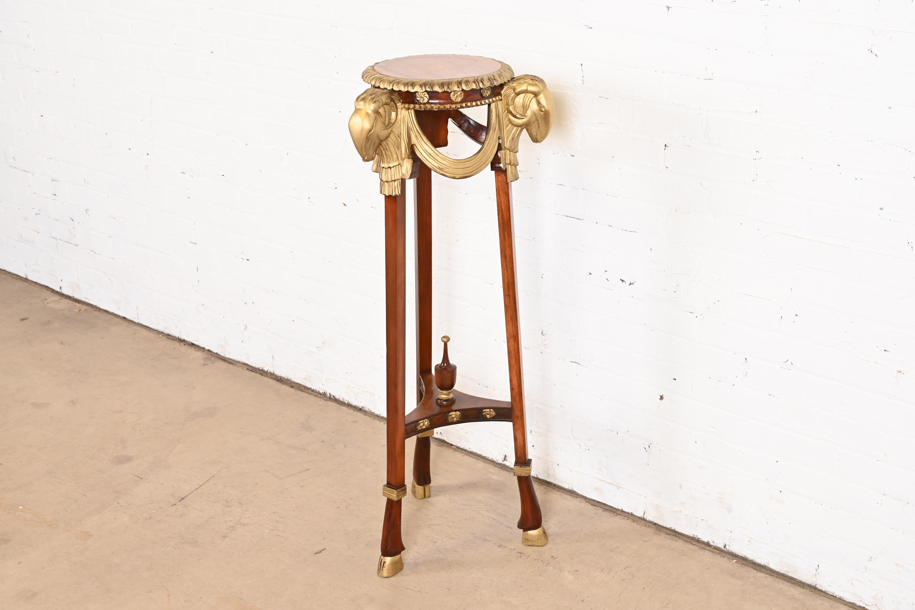 John Widdicomb Neoclassical Mahogany Guéridon Pedestal Table or Plant Stand With Gold Gilt Ram Heads and Hooved Feet - Image 5