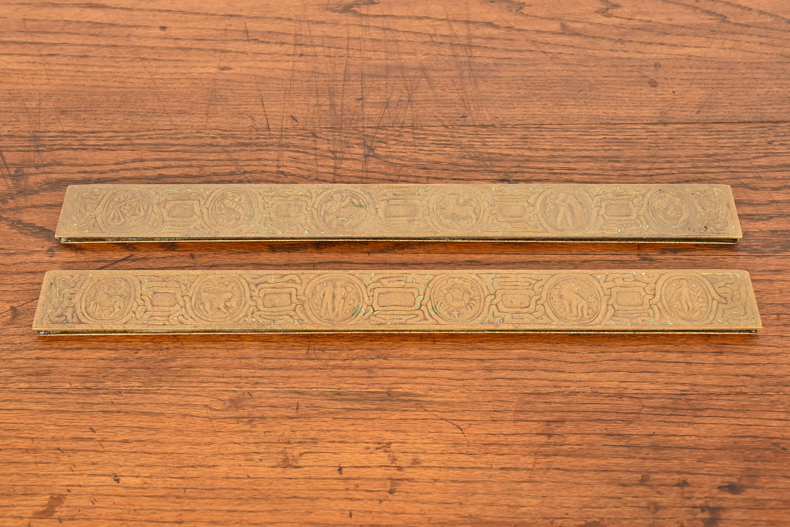 Tiffany Studios New York Zodiac Bronze Blotter Ends With Leather Desk Pad - Image 6