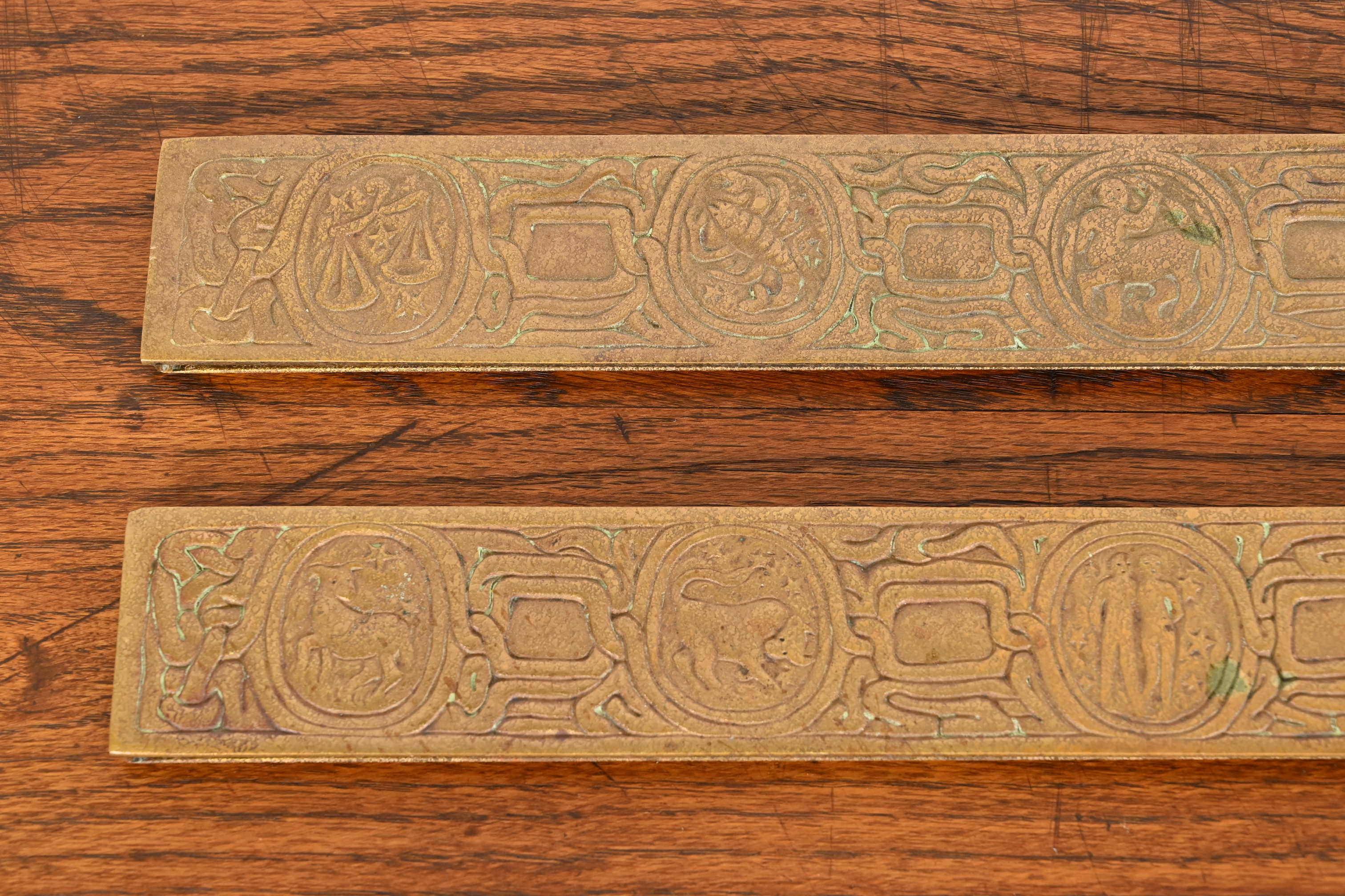 Tiffany Studios New York Zodiac Bronze Blotter Ends With Leather Desk Pad - Image 11