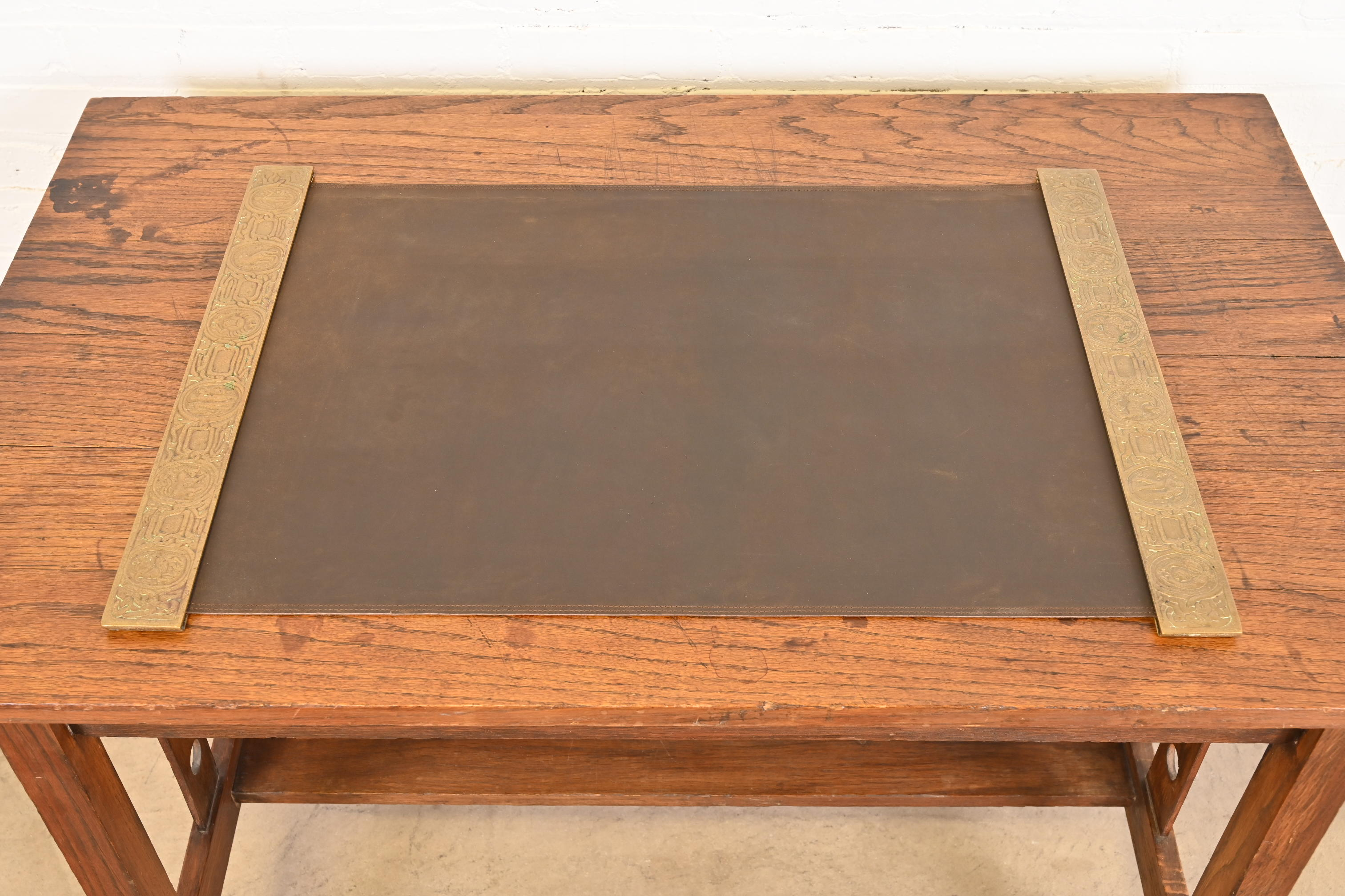 Tiffany Studios New York Zodiac Bronze Blotter Ends With Leather Desk Pad