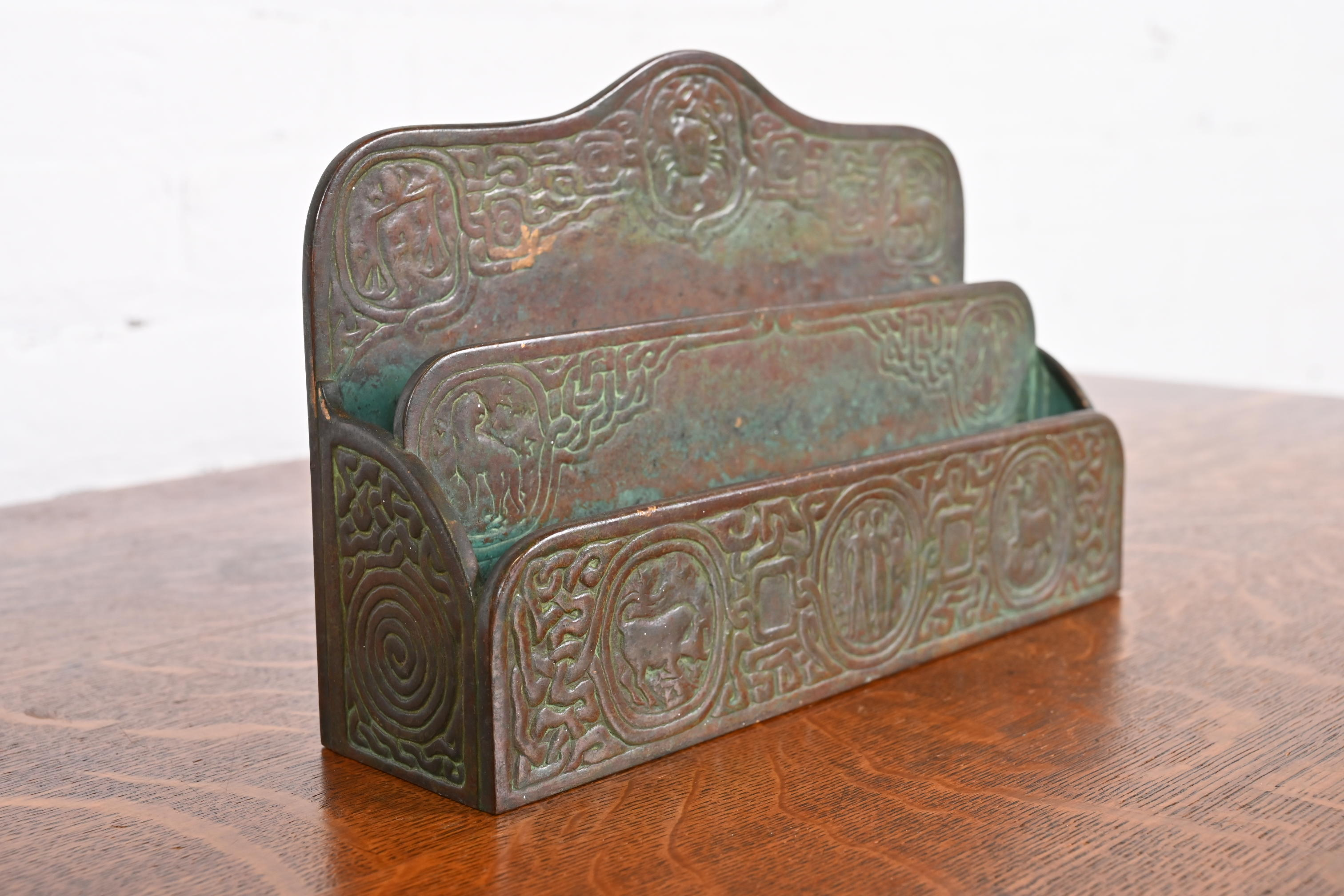 Tiffany Studios New York Zodiac Patinated Bronze Letter Rack, Circa 1910 - Image 3