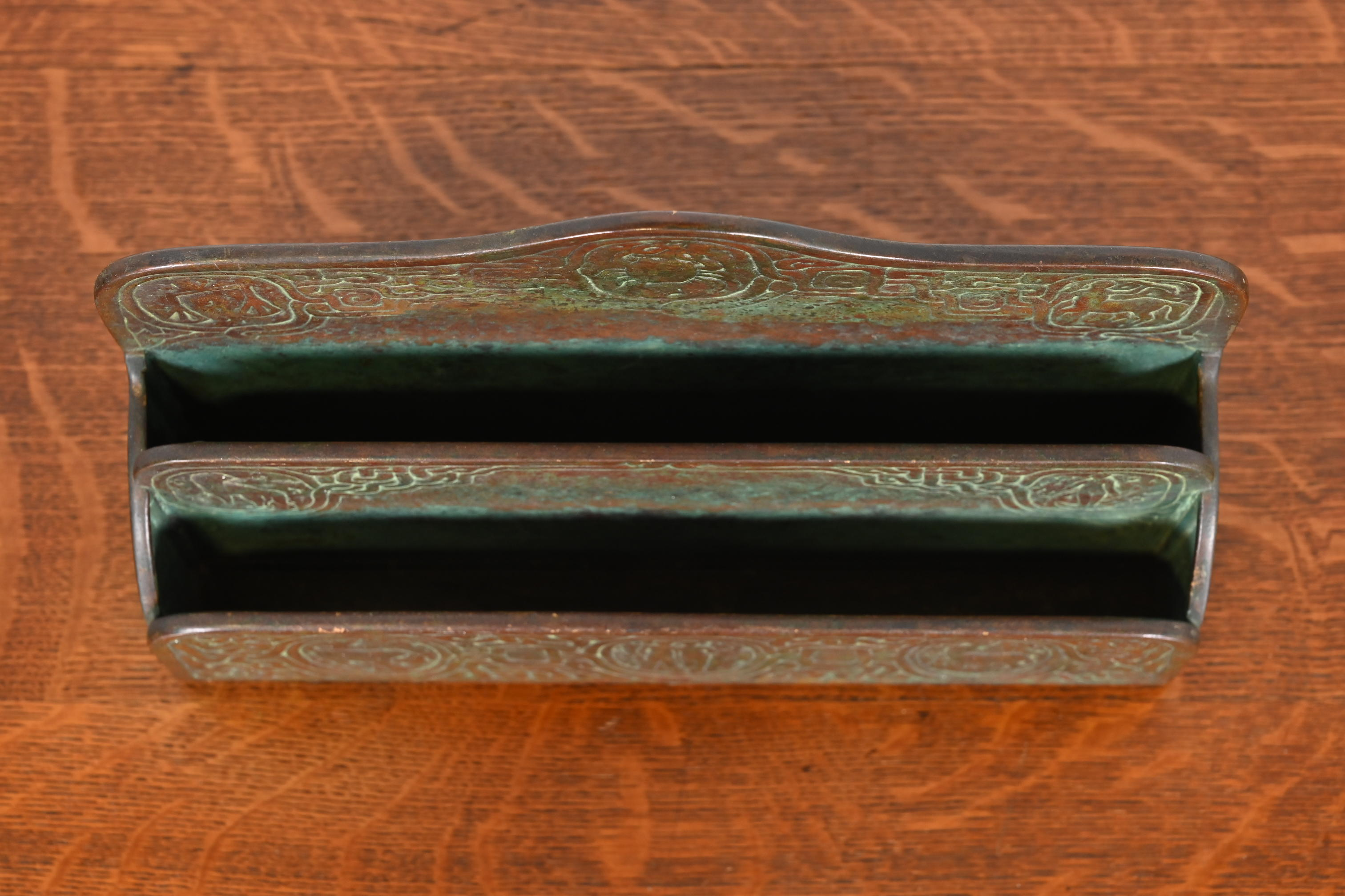 Tiffany Studios New York Zodiac Patinated Bronze Letter Rack, Circa 1910 - Image 8
