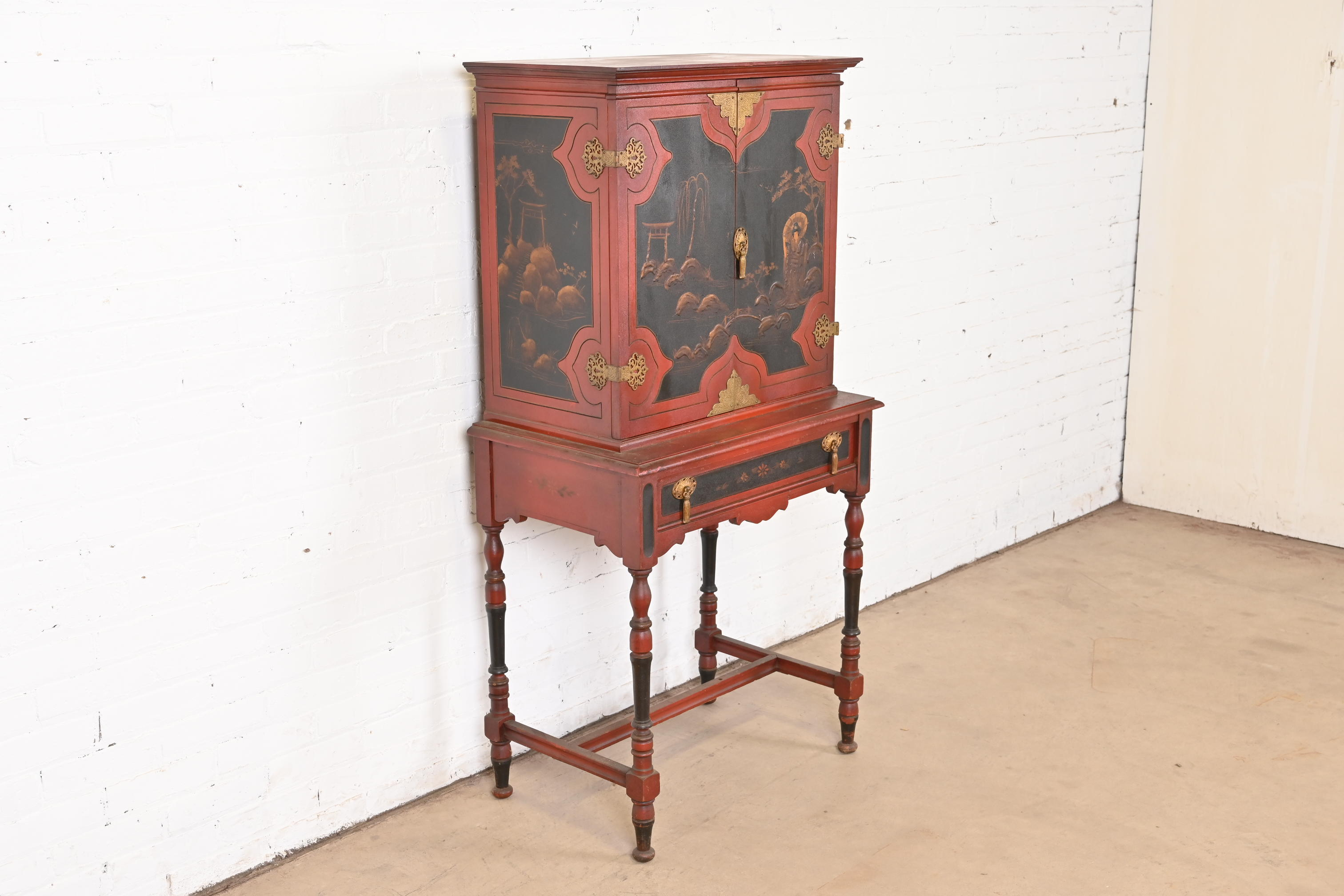 Antique Chinoiserie Jacobean Red Lacquered Hand Painted Bookcase or Bar Cabinet, Circa 1920s