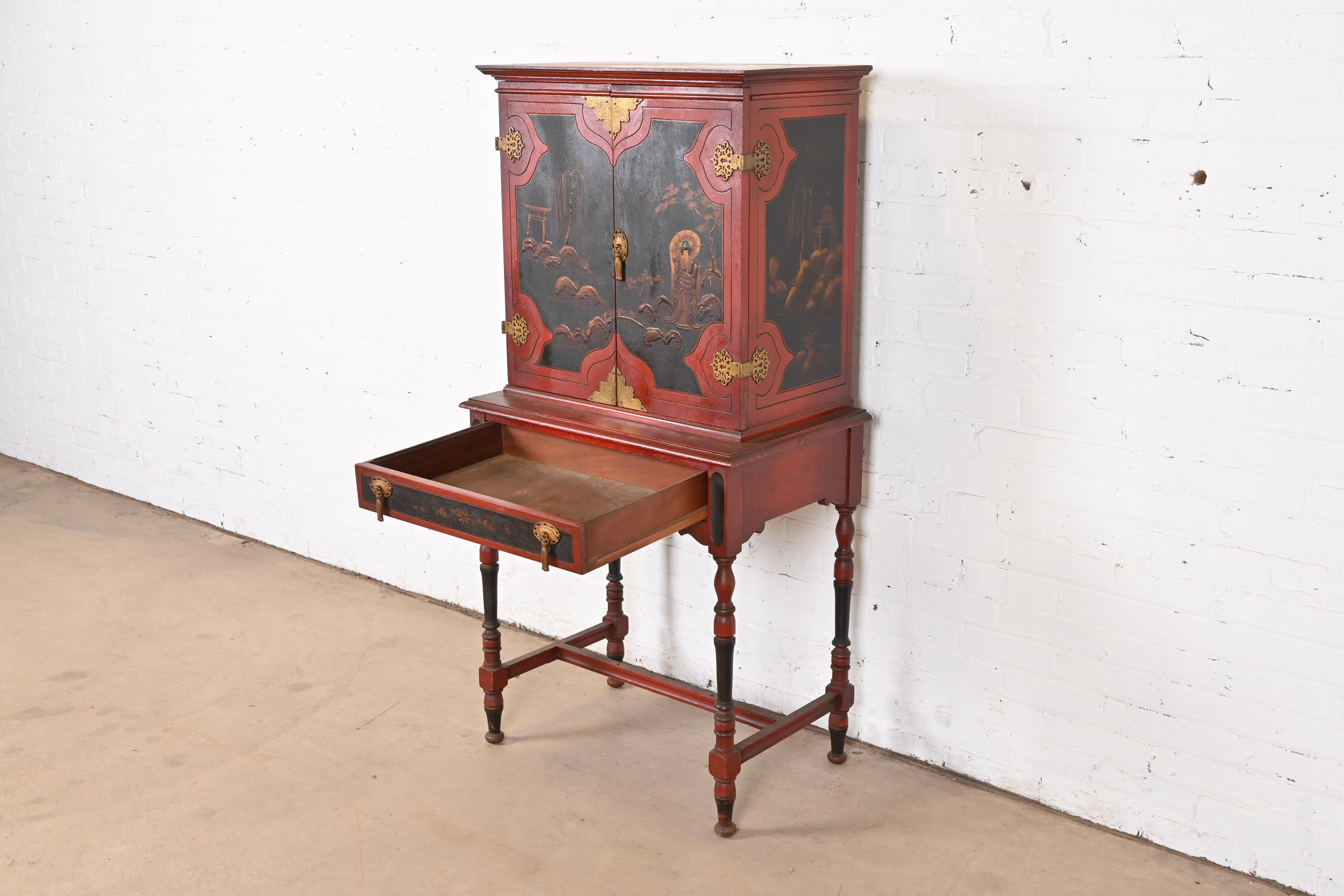 Antique Chinoiserie Jacobean Red Lacquered Hand Painted Bookcase or Bar Cabinet, Circa 1920s - Image 5