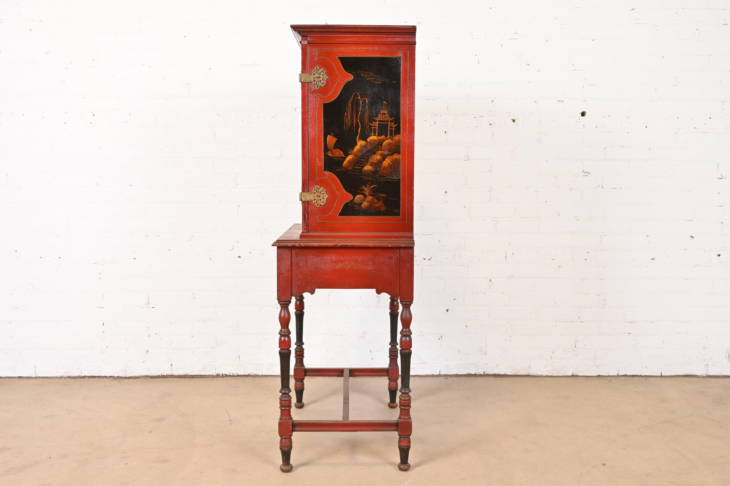 Antique Chinoiserie Jacobean Red Lacquered Hand Painted Bookcase or Bar Cabinet, Circa 1920s - Image 10