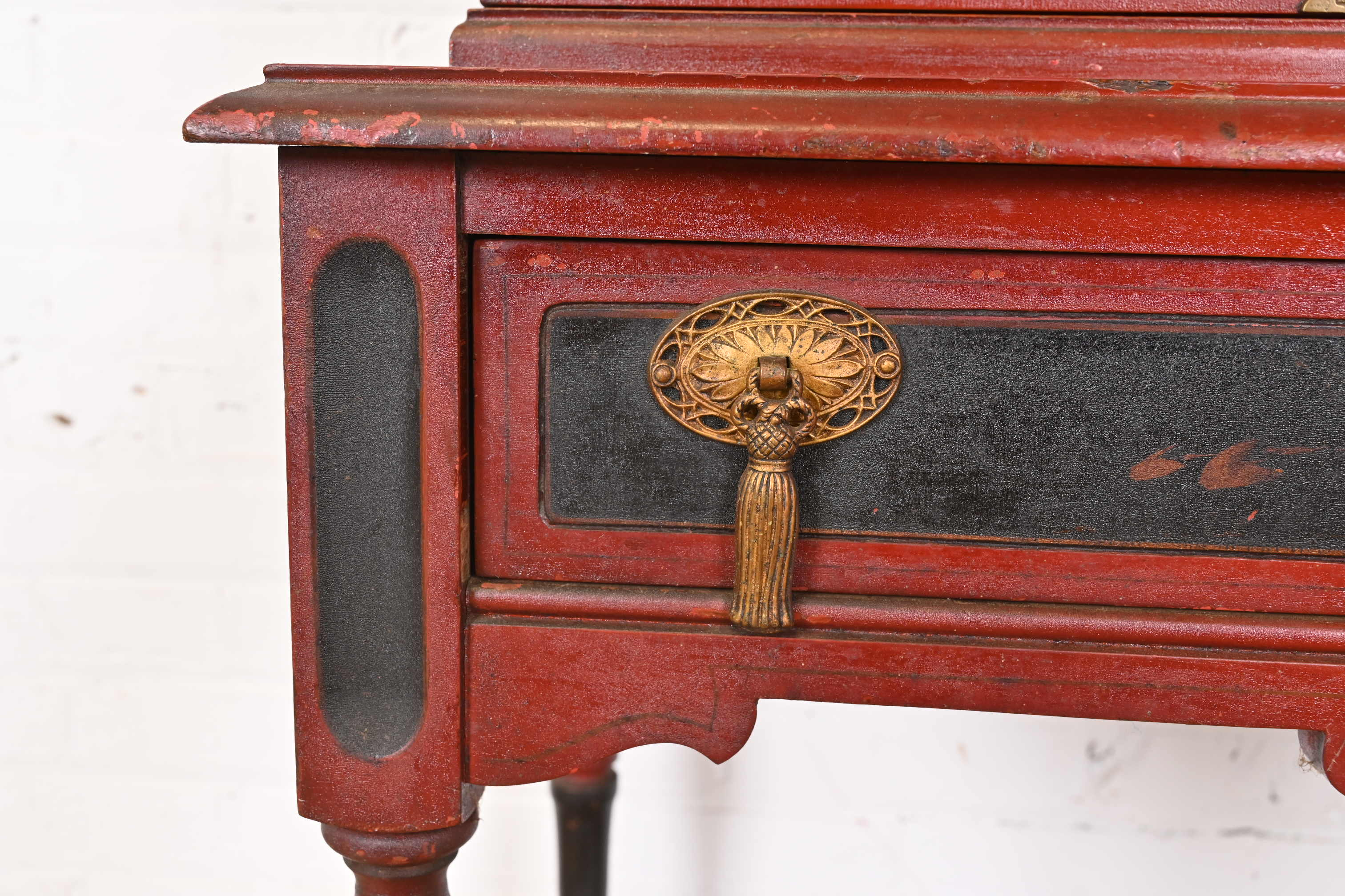 Antique Chinoiserie Jacobean Red Lacquered Hand Painted Bookcase or Bar Cabinet, Circa 1920s - Image 9