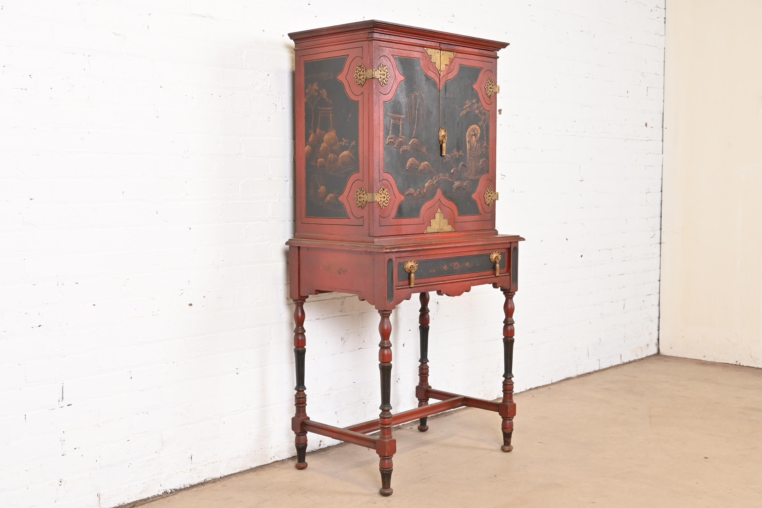 Antique Chinoiserie Jacobean Red Lacquered Hand Painted Bookcase or Bar Cabinet, Circa 1920s - Image 2