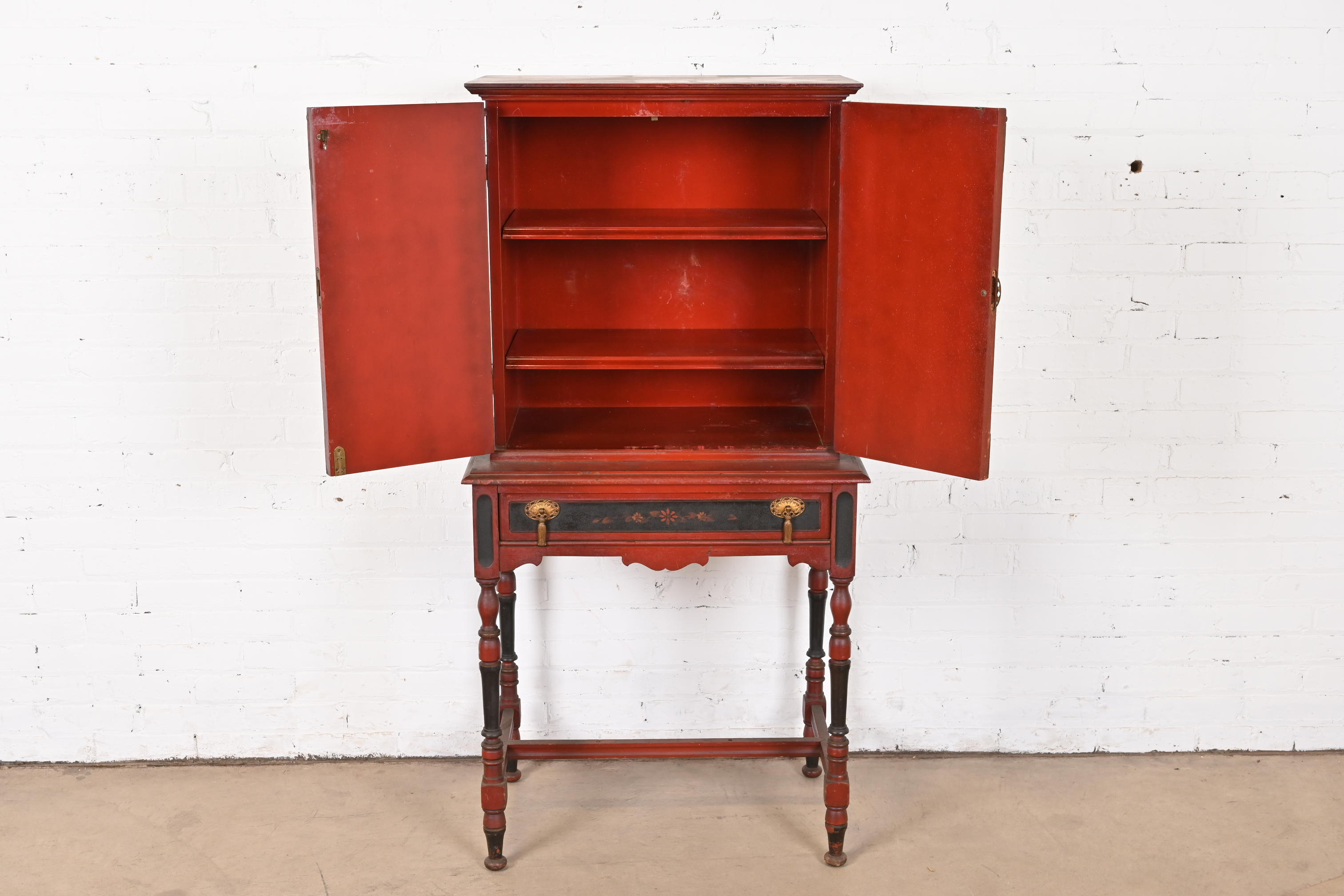 Antique Chinoiserie Jacobean Red Lacquered Hand Painted Bookcase or Bar Cabinet, Circa 1920s - Image 6
