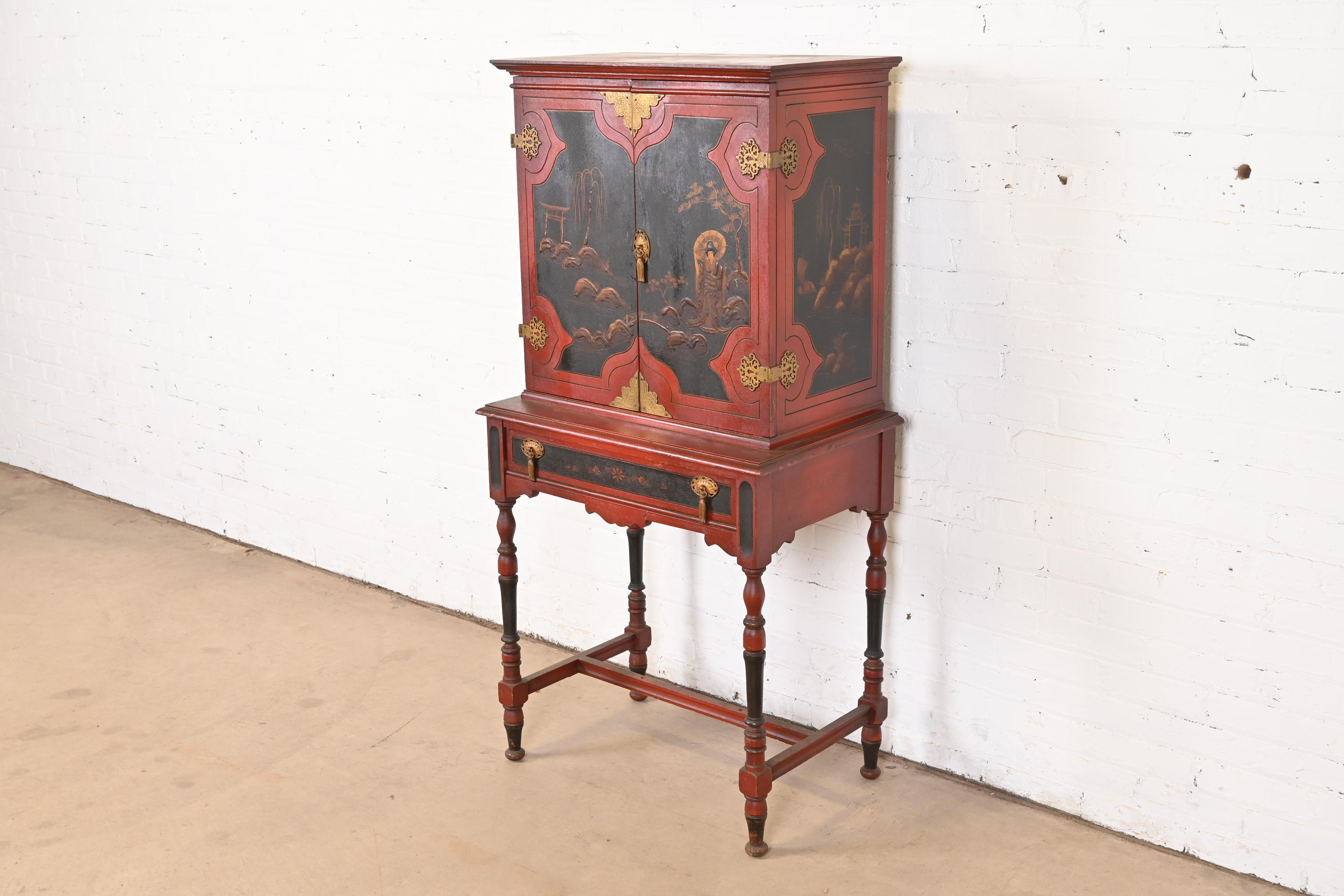 Antique Chinoiserie Jacobean Red Lacquered Hand Painted Bookcase or Bar Cabinet, Circa 1920s - Image 3