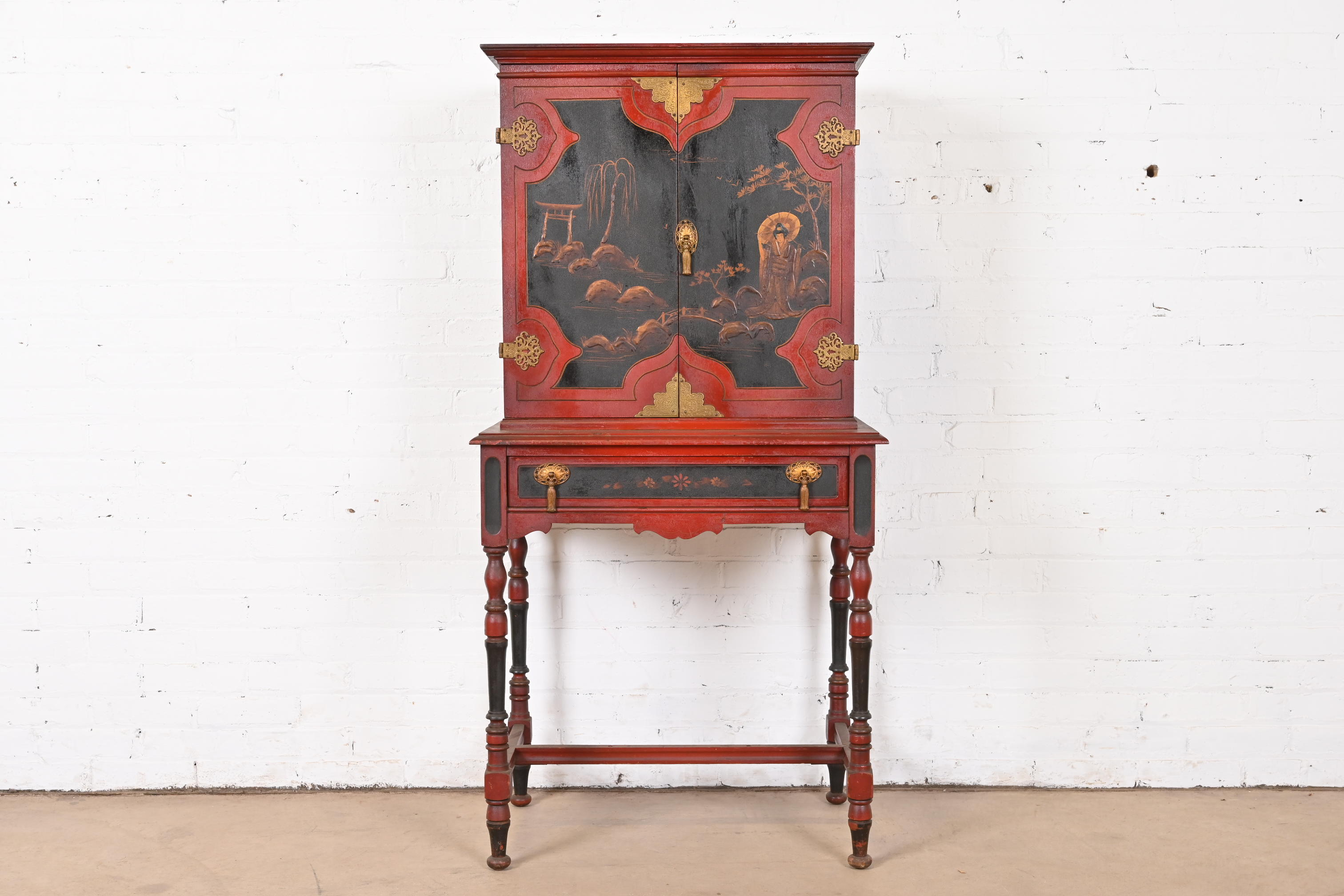Antique Chinoiserie Jacobean Red Lacquered Hand Painted Bookcase or Bar Cabinet, Circa 1920s - Image 4