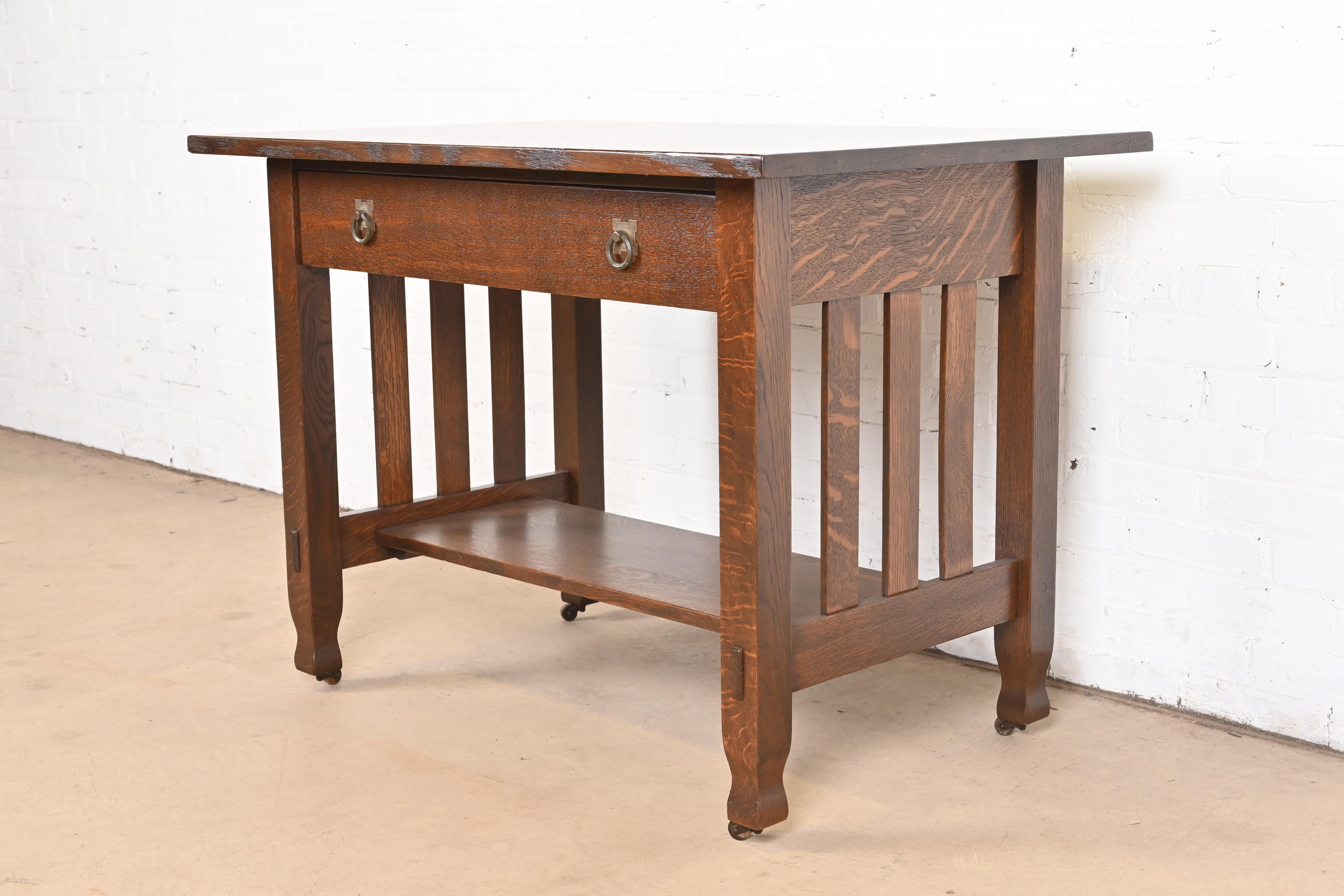 Antique Stickley Brothers Mission Oak Arts & Crafts Writing Desk or Library Table, Newly Restored