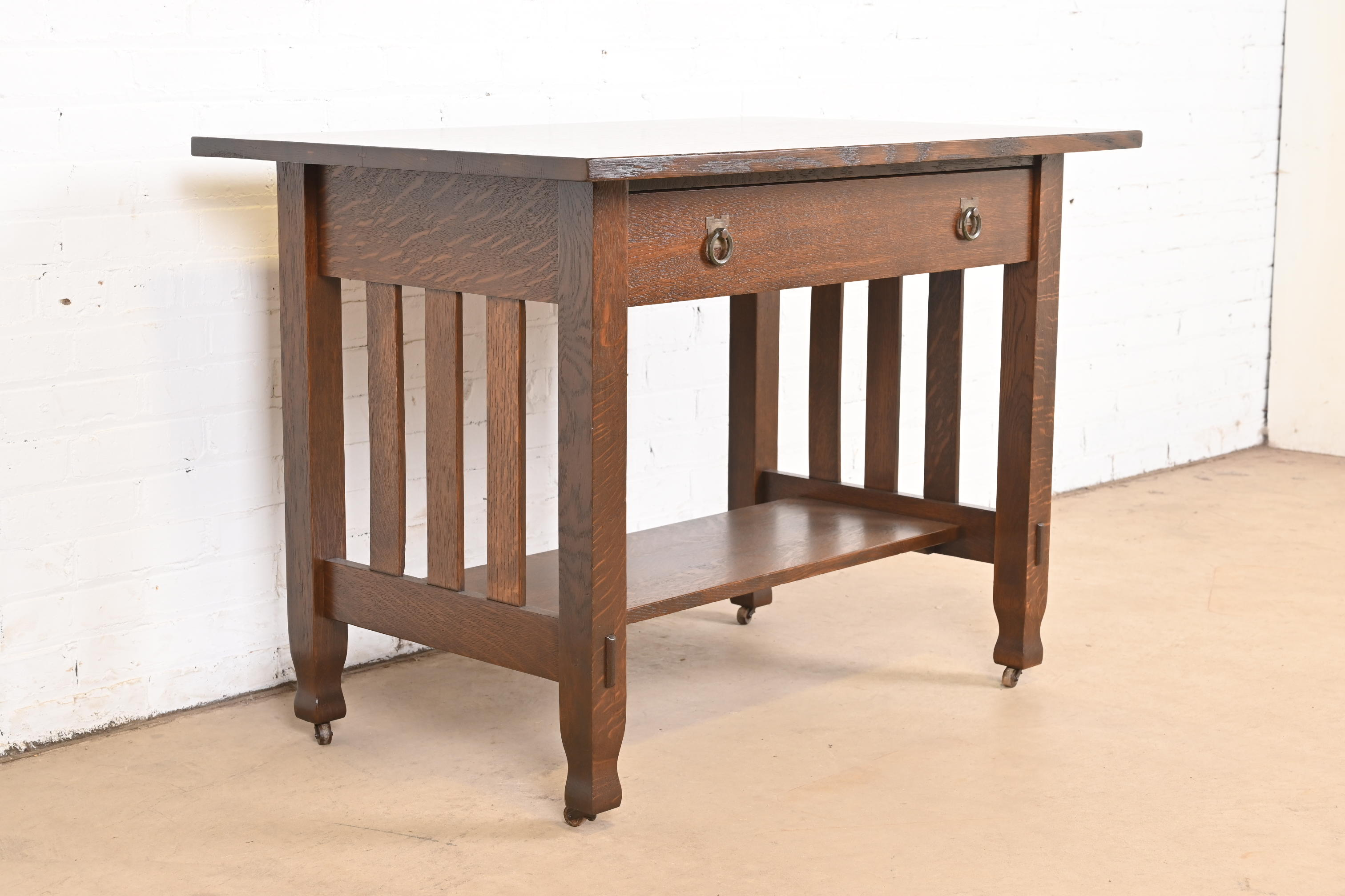 Antique Stickley Brothers Mission Oak Arts & Crafts Writing Desk or Library Table, Newly Restored - Image 4