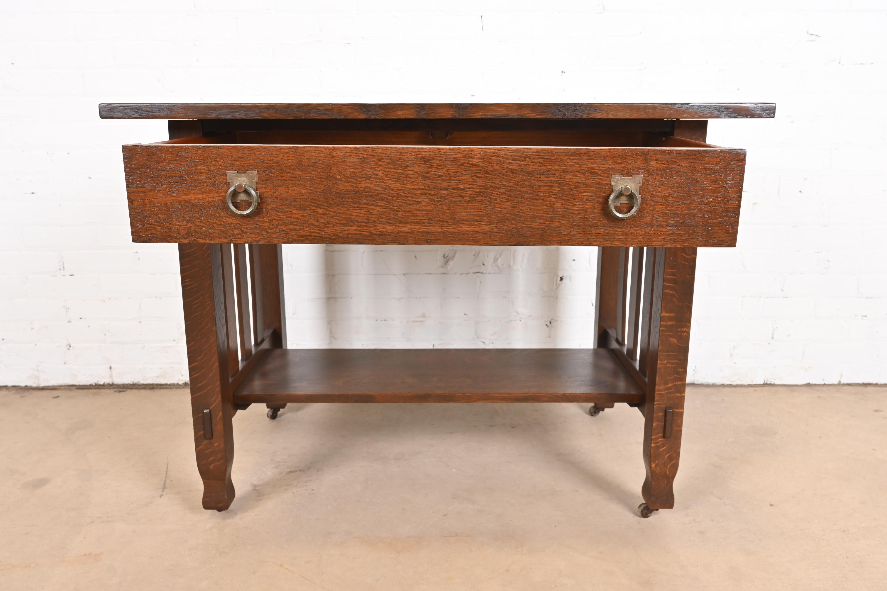 Antique Stickley Brothers Mission Oak Arts & Crafts Writing Desk or Library Table, Newly Restored - Image 5