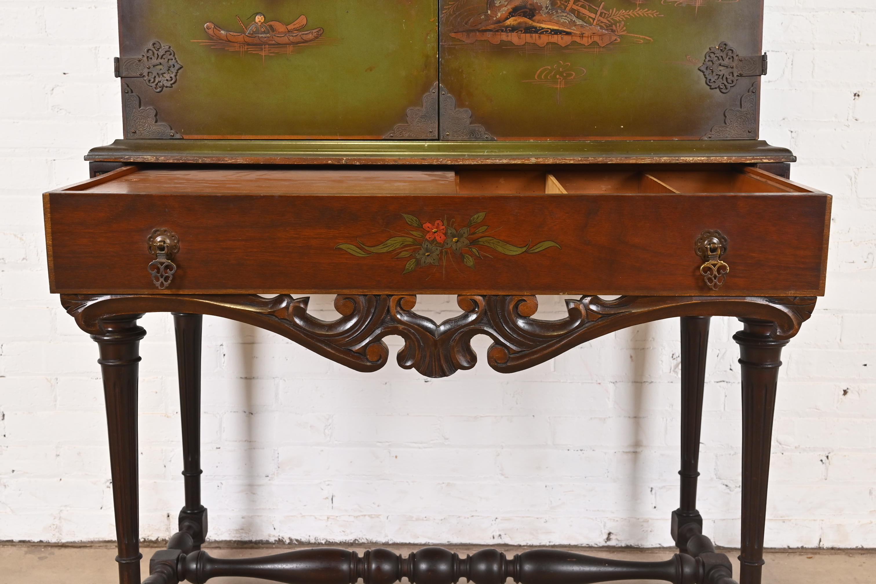 Chinoiserie Jacobean Hand Painted Bookcase or Bar Cabinet, Circa 1920s - Image 8