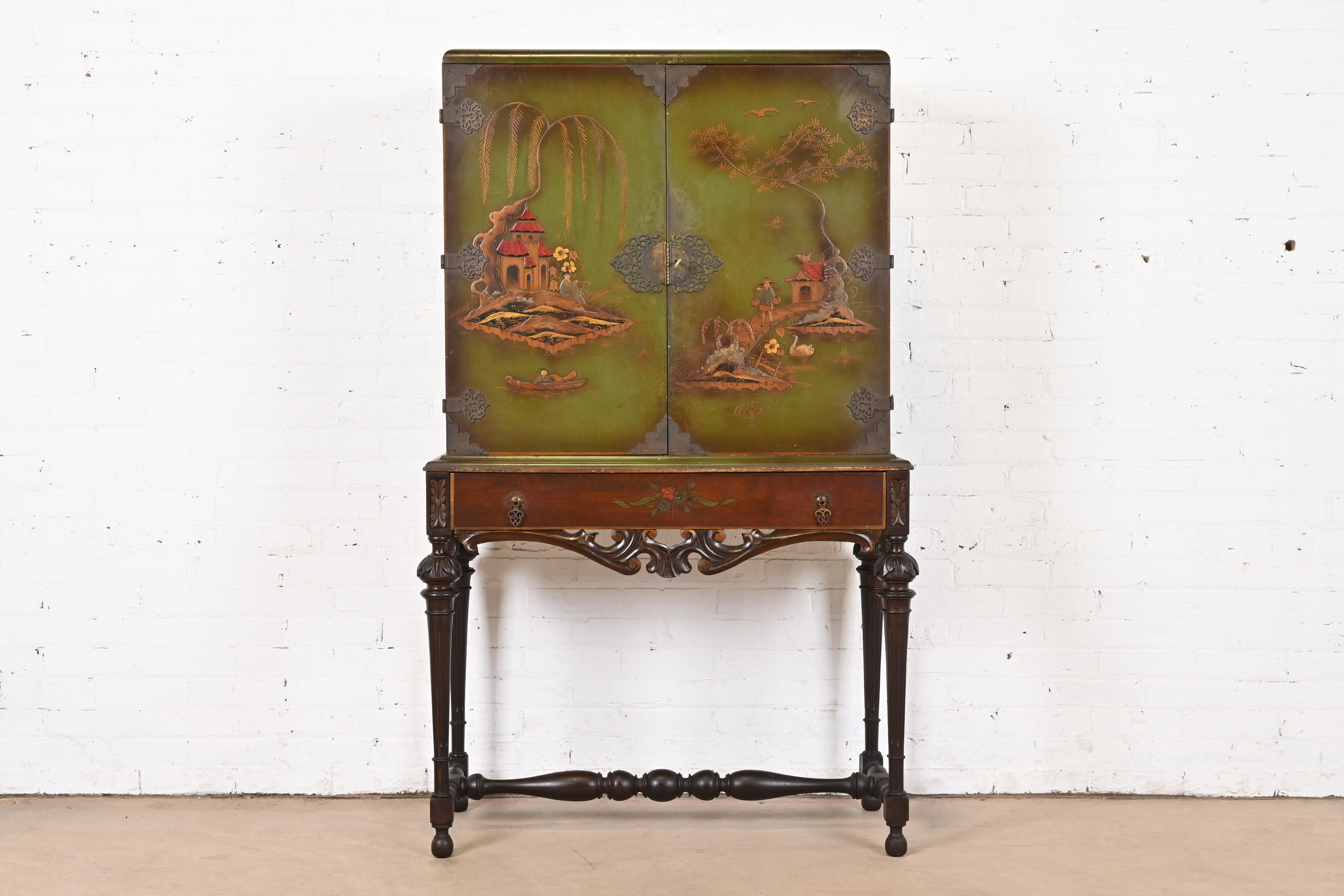 Chinoiserie Jacobean Hand Painted Bookcase or Bar Cabinet, Circa 1920s