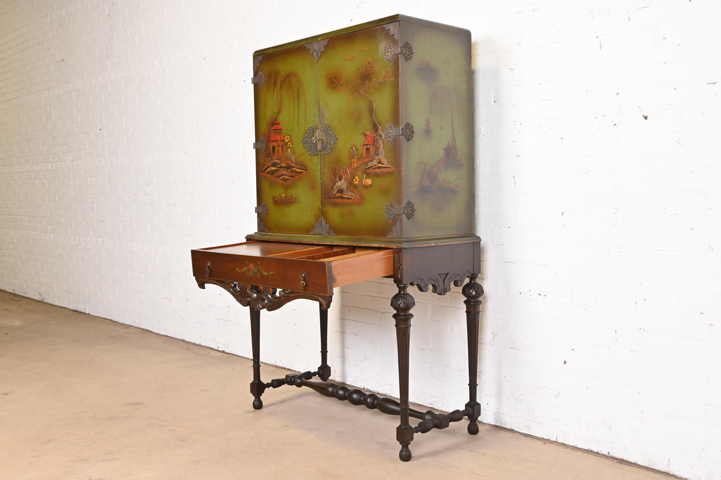 Chinoiserie Jacobean Hand Painted Bookcase or Bar Cabinet, Circa 1920s - Image 7