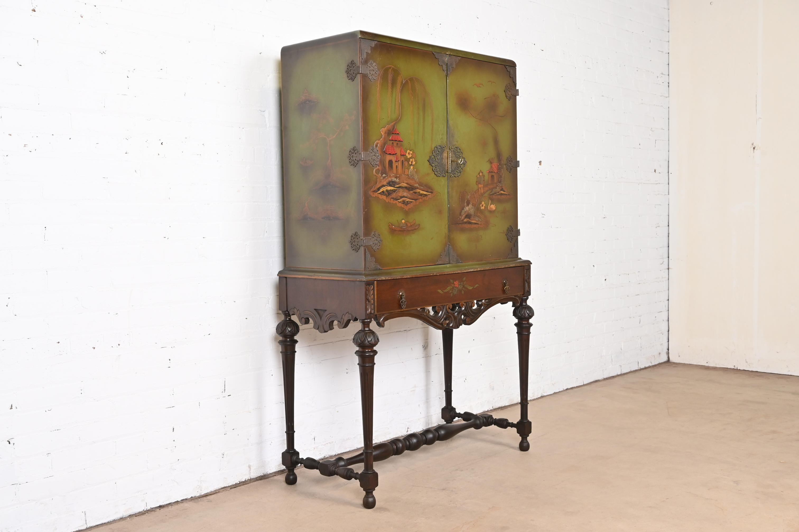 Chinoiserie Jacobean Hand Painted Bookcase or Bar Cabinet, Circa 1920s - Image 3