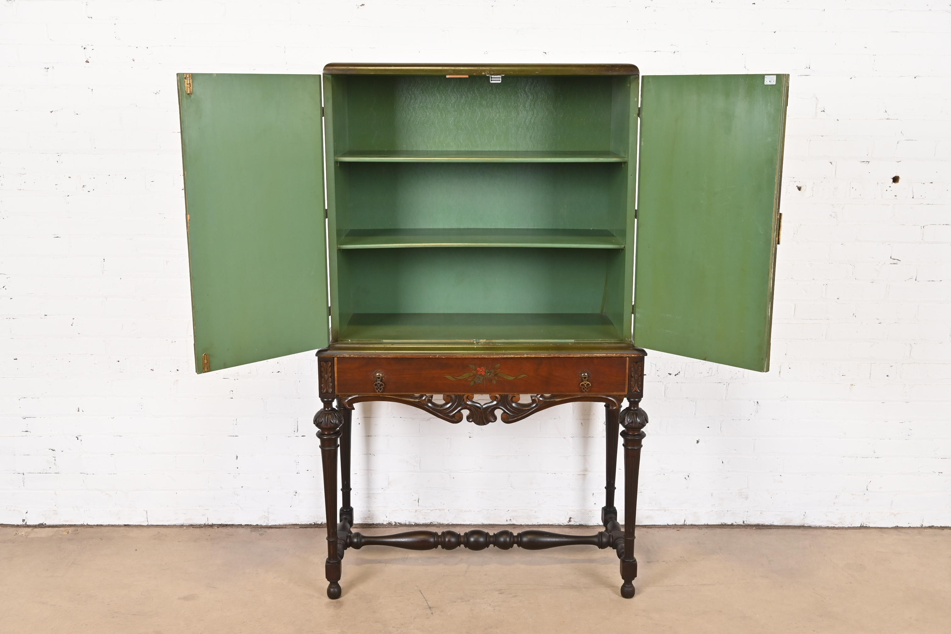 Chinoiserie Jacobean Hand Painted Bookcase or Bar Cabinet, Circa 1920s - Image 10