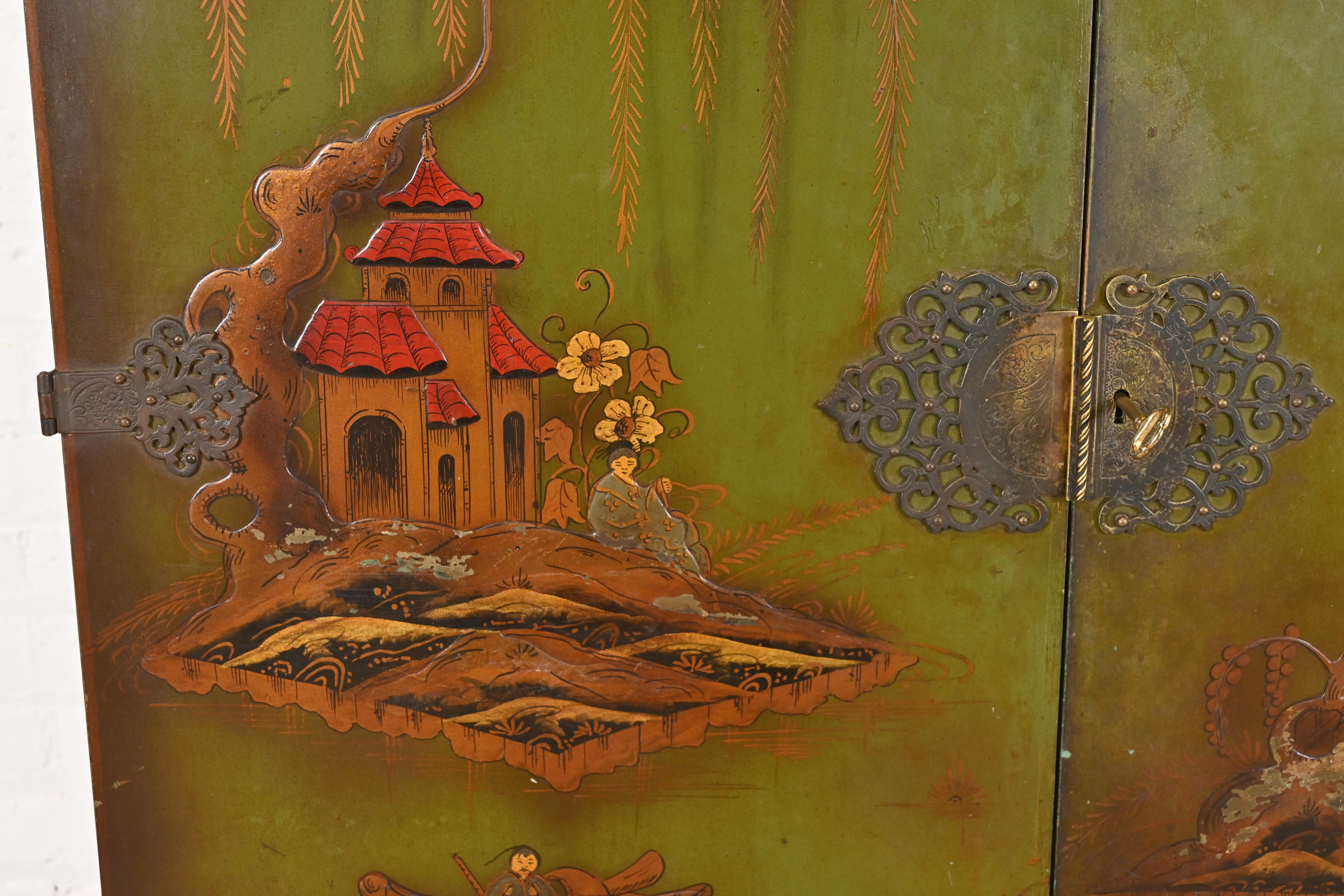 Chinoiserie Jacobean Hand Painted Bookcase or Bar Cabinet, Circa 1920s - Image 4