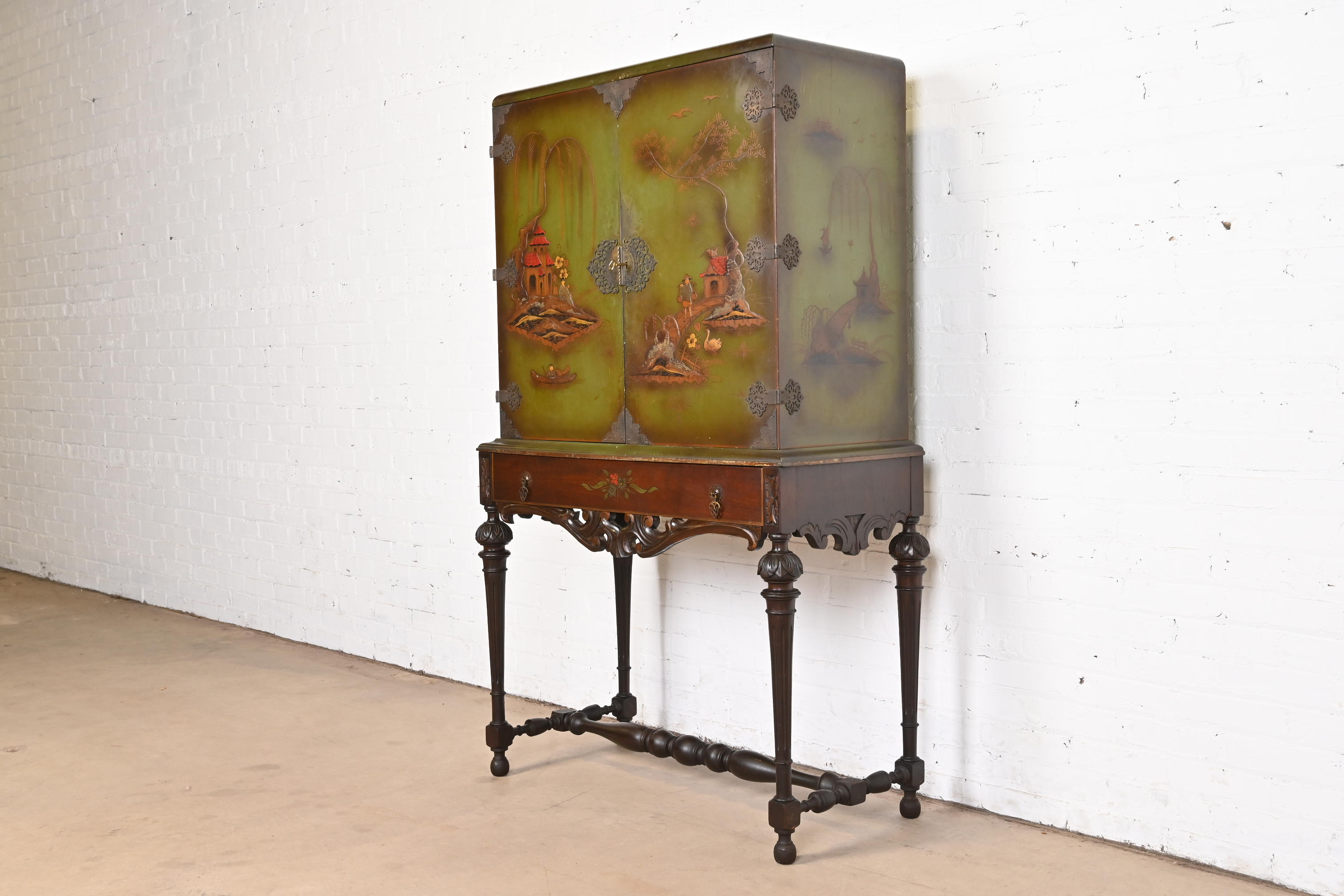 Chinoiserie Jacobean Hand Painted Bookcase or Bar Cabinet, Circa 1920s - Image 2