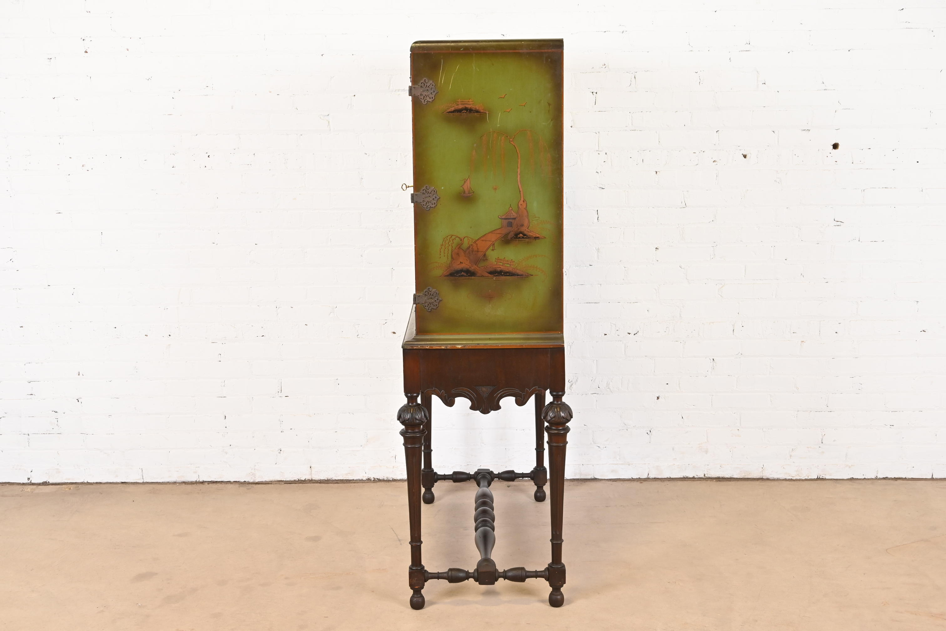Chinoiserie Jacobean Hand Painted Bookcase or Bar Cabinet, Circa 1920s - Image 11