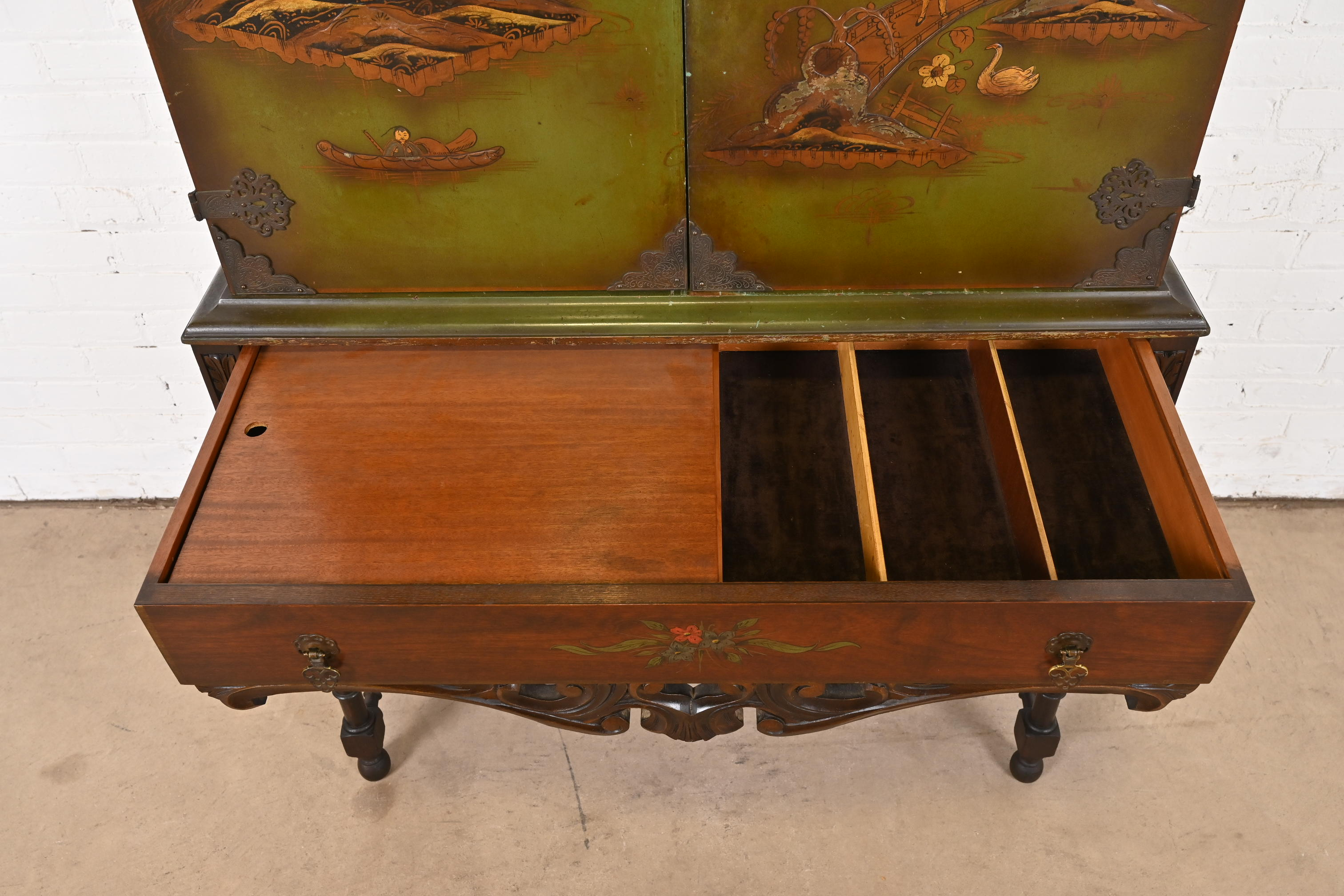Chinoiserie Jacobean Hand Painted Bookcase or Bar Cabinet, Circa 1920s - Image 9