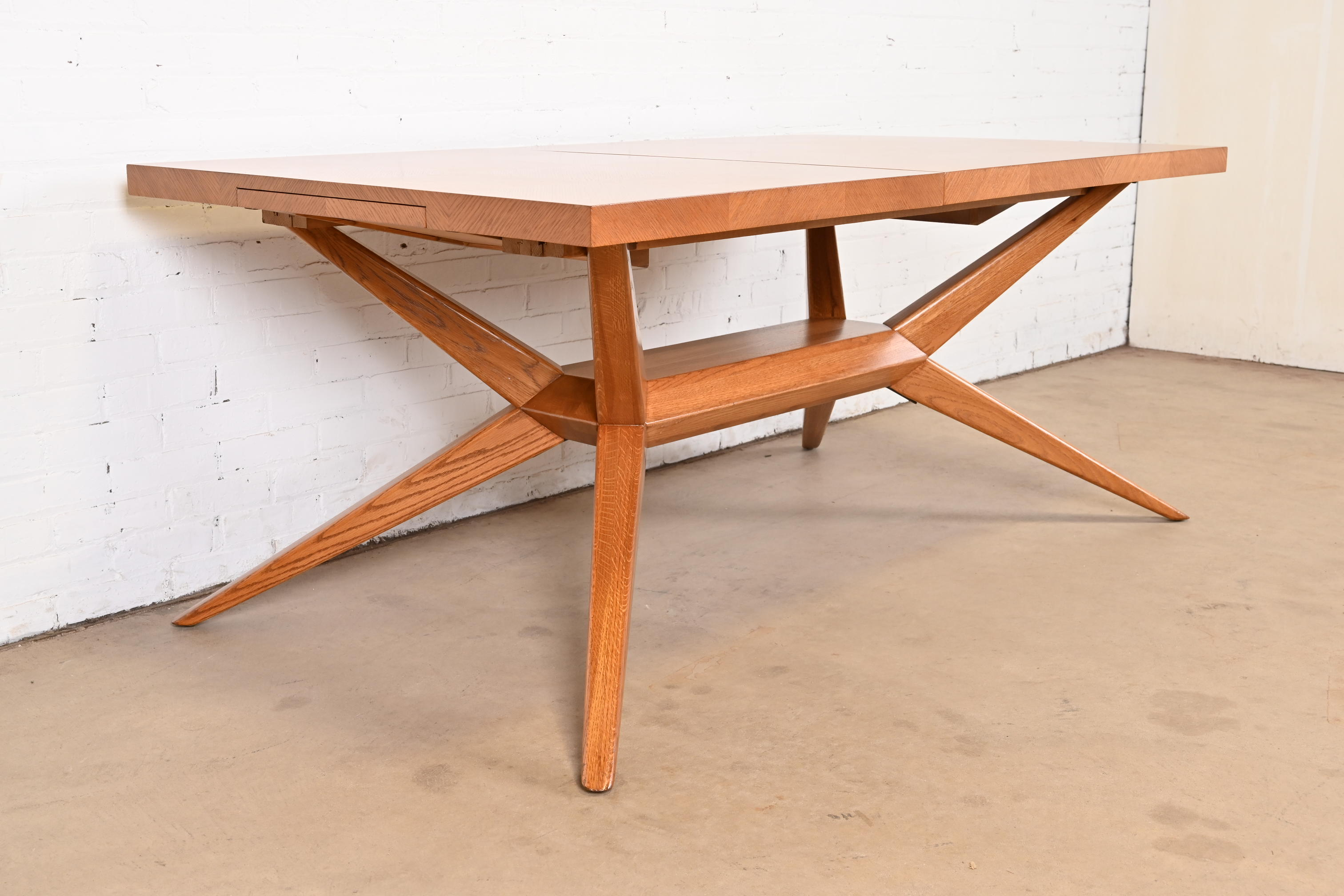 Harold Schwartz for Romweber Mid-Century Modern Oak Spider Leg Extension Dining Table, Newly Refinished - Image 8