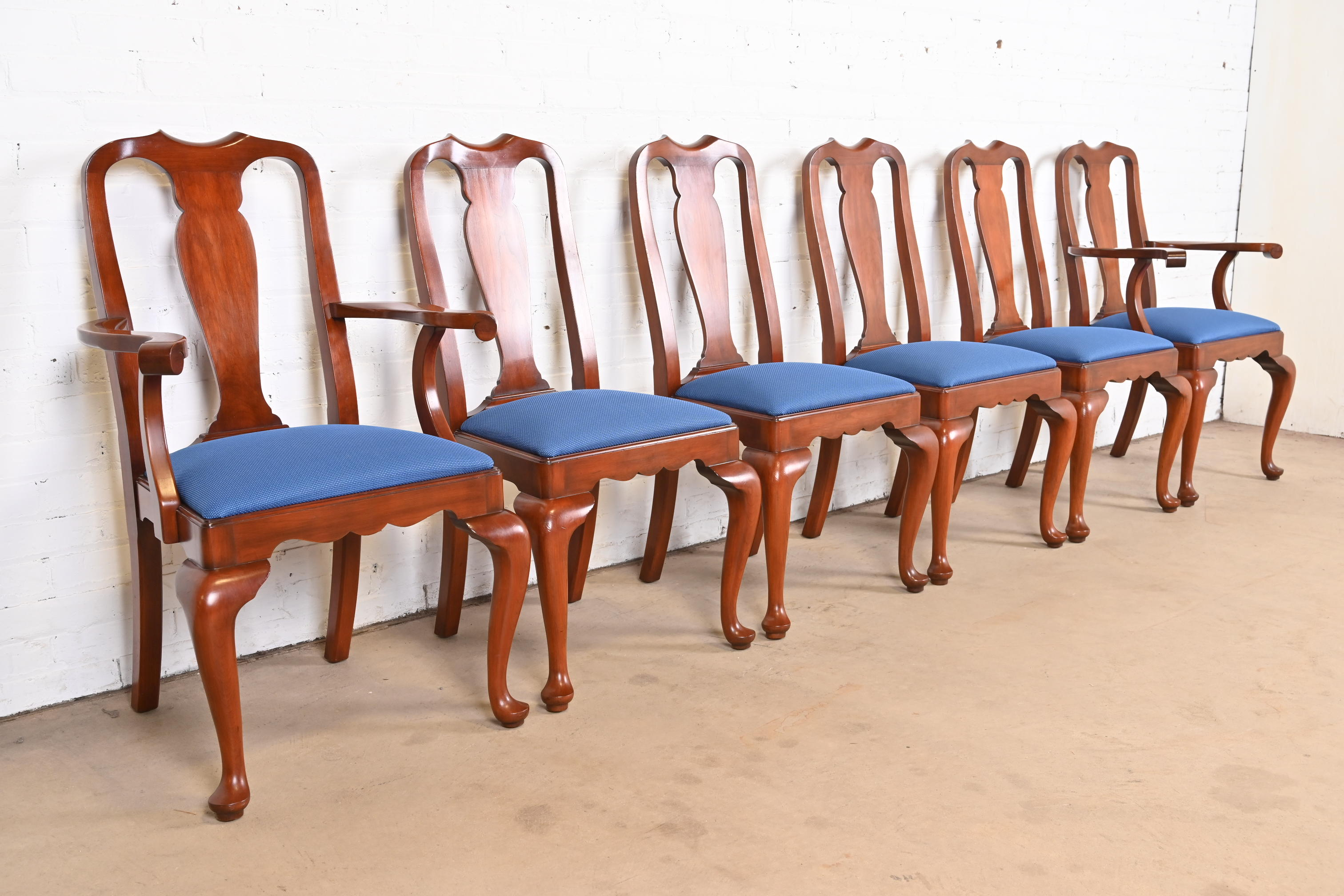 Henkel Harris Queen Anne Solid Cherry Wood Dining Chairs, Set of Six