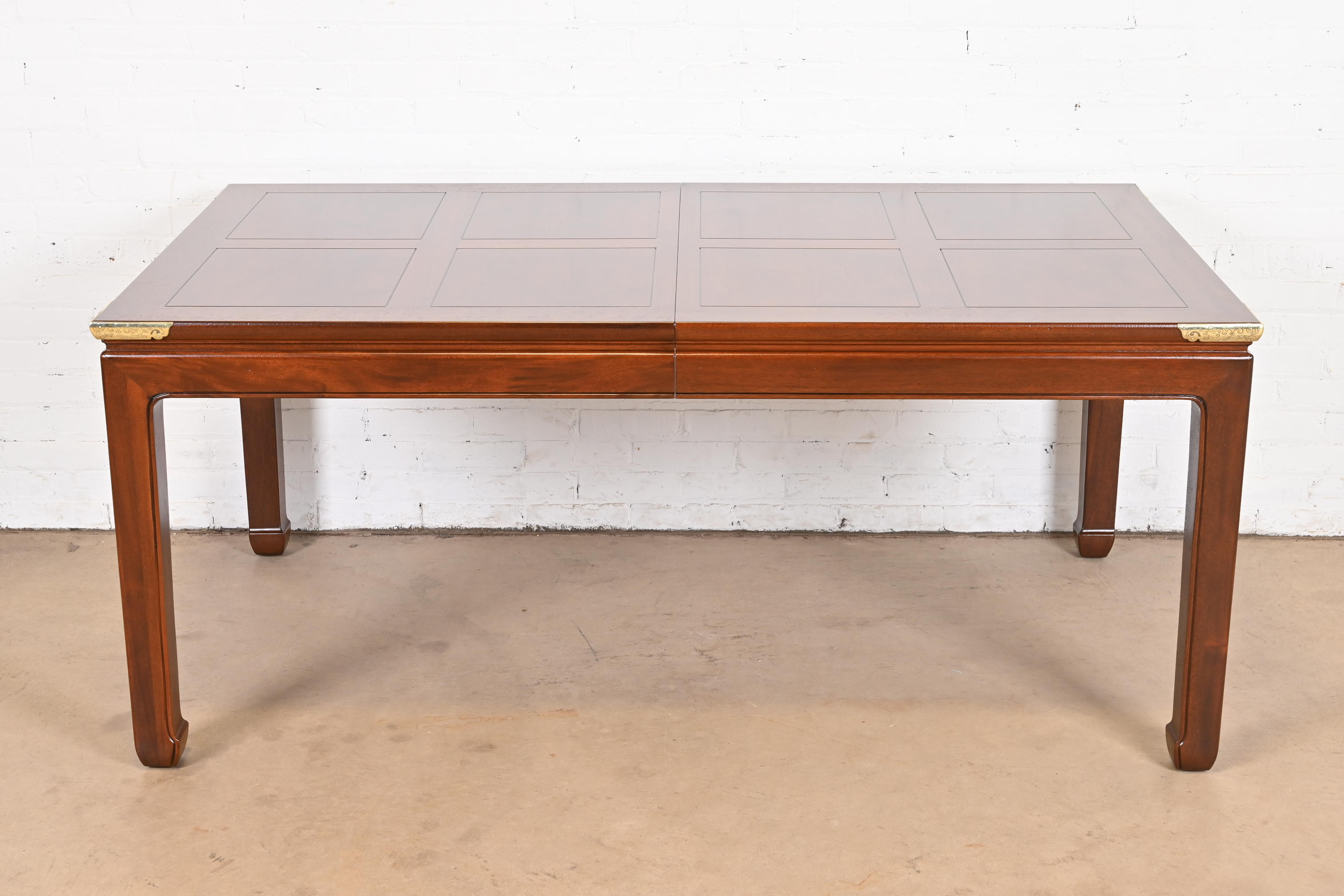 Henredon Hollywood Regency Chinoiserie Mahogany and Brass Extension Dining Table, Newly Refinished - Image 8