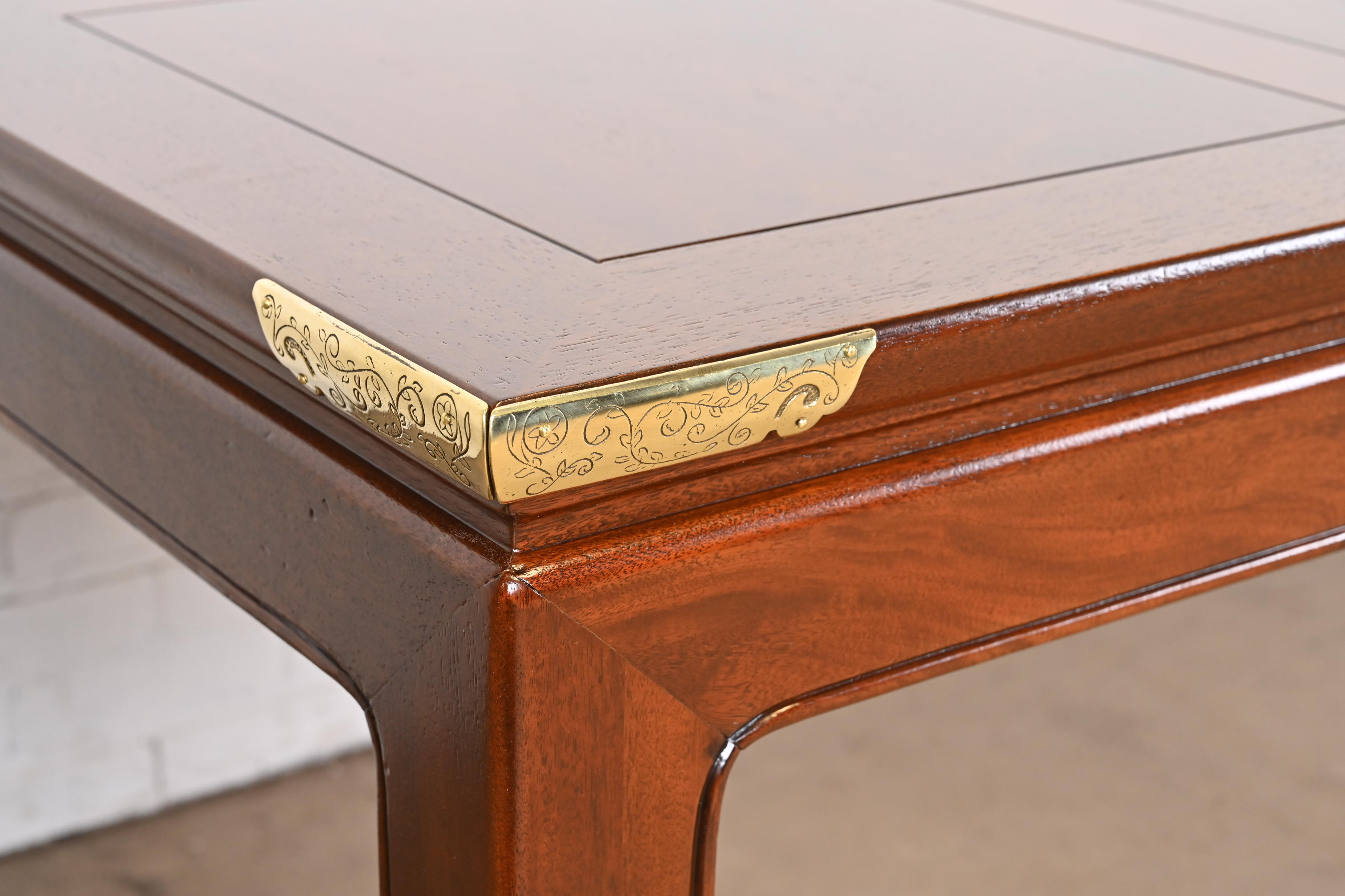 Henredon Hollywood Regency Chinoiserie Mahogany and Brass Extension Dining Table, Newly Refinished - Image 10