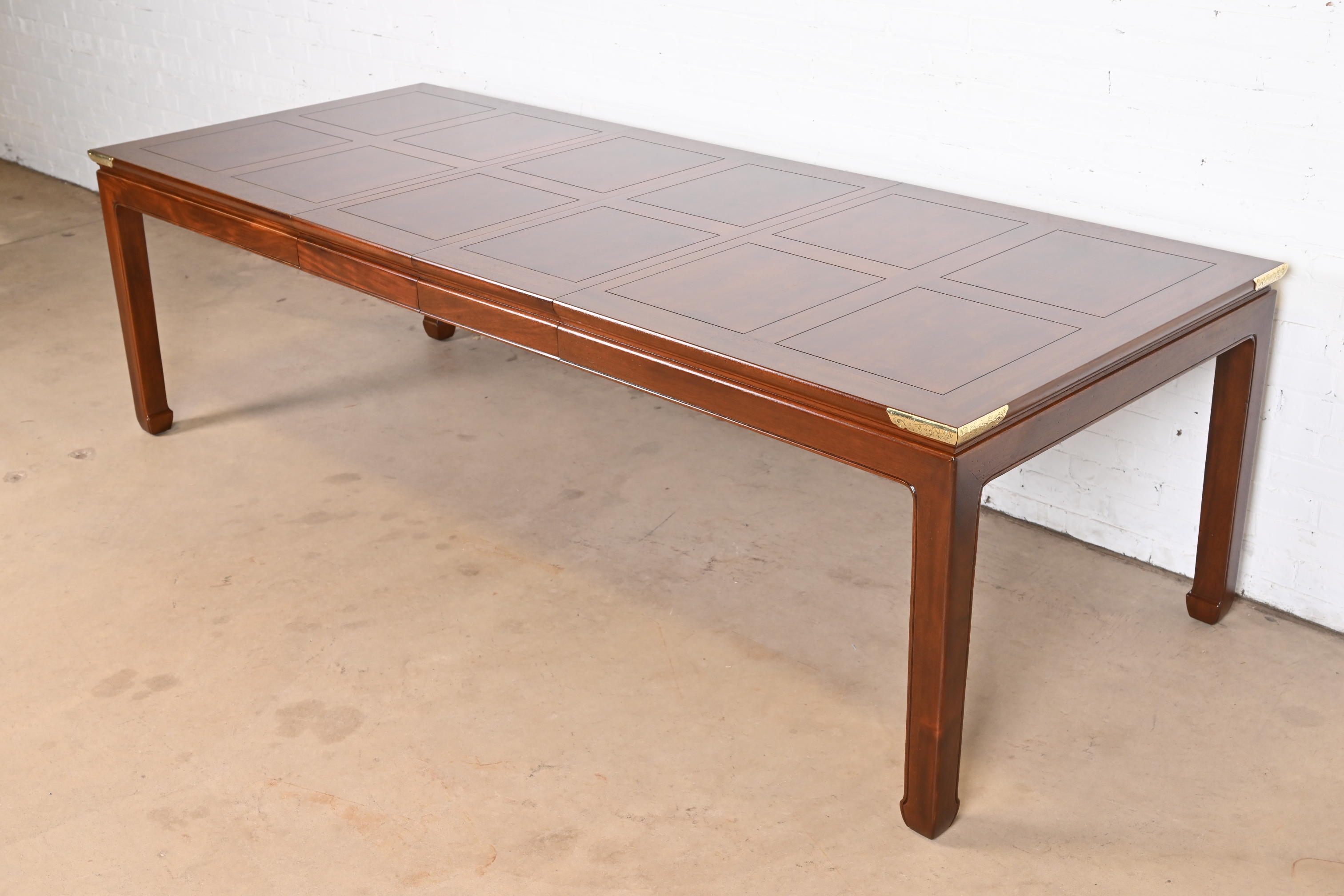Henredon Hollywood Regency Chinoiserie Mahogany and Brass Extension Dining Table, Newly Refinished