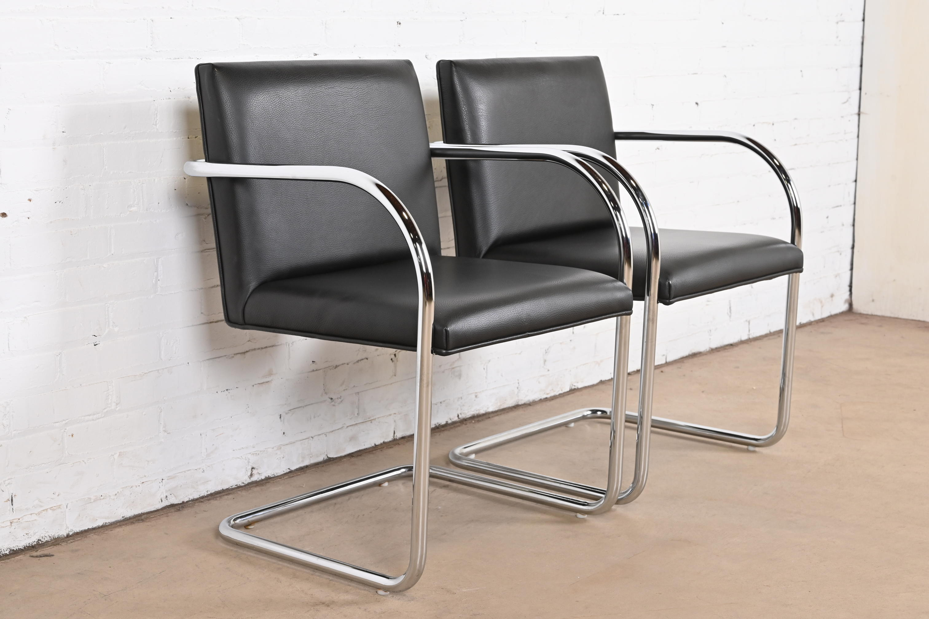 Mies Van Der Rohe Black Leather and Chrome Brno Chairs, Pair - Image 3