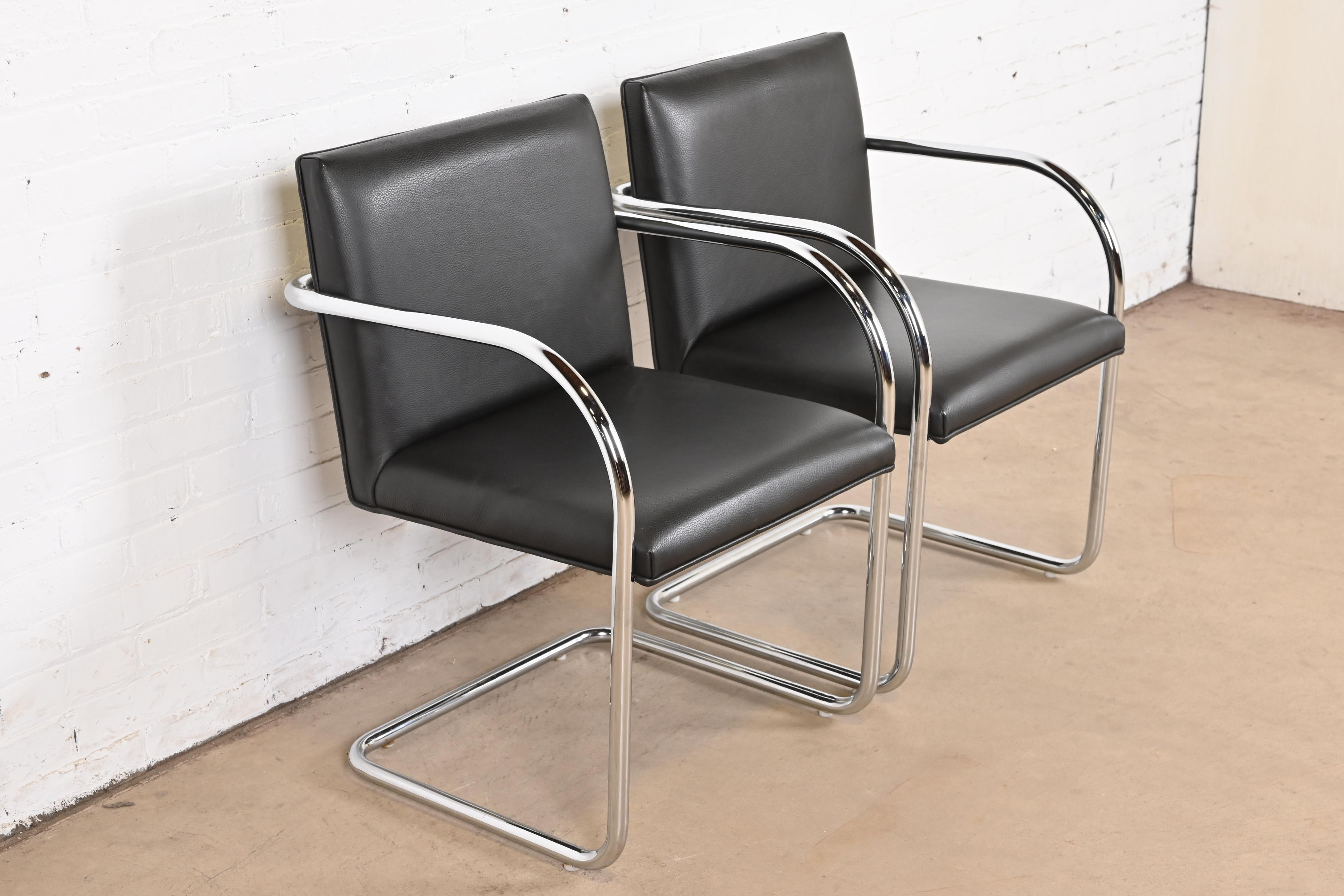 Mies Van Der Rohe Black Leather and Chrome Brno Chairs, Pair - Image 4