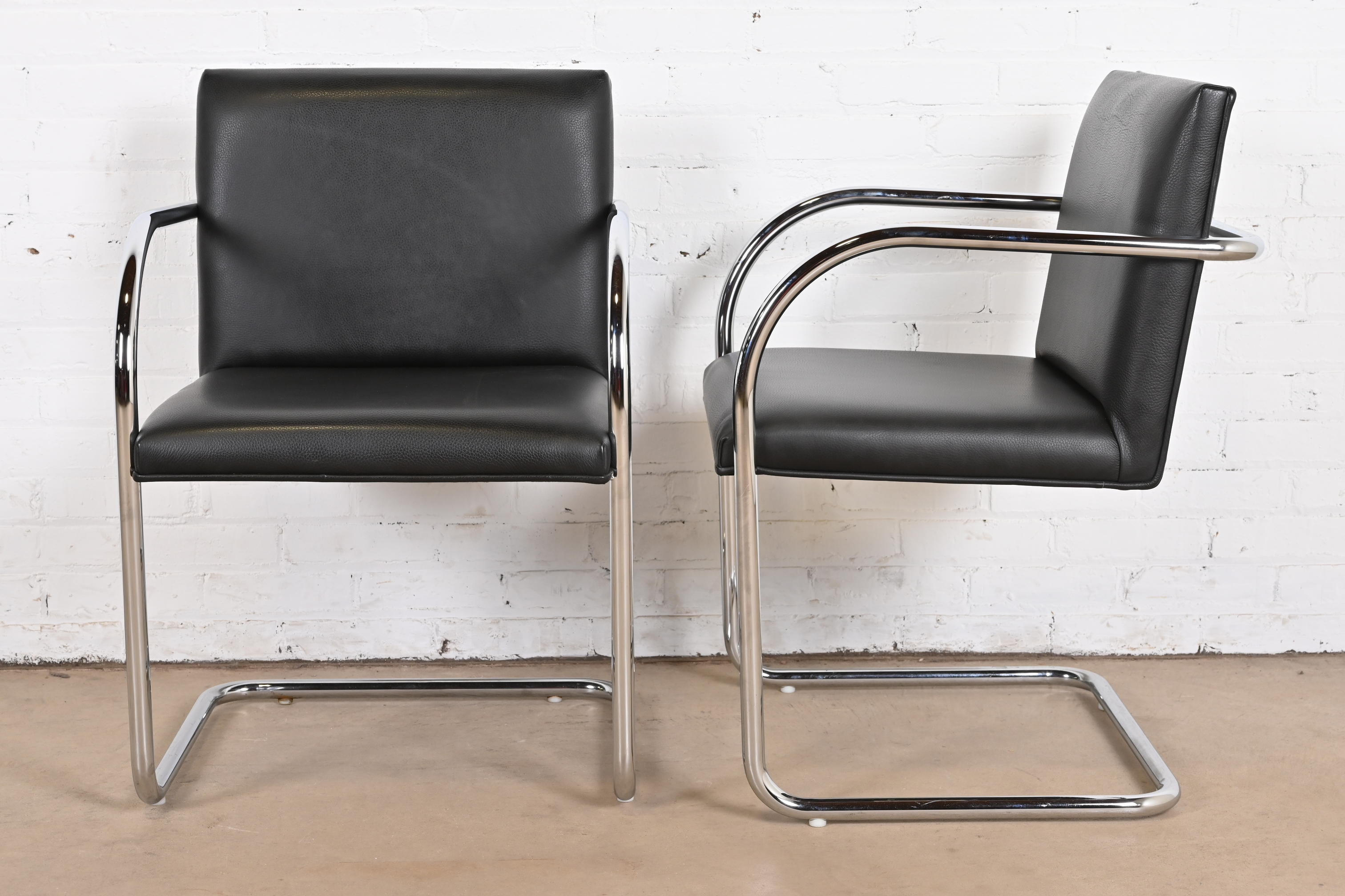 Mies Van Der Rohe Black Leather and Chrome Brno Chairs, Pair - Image 8