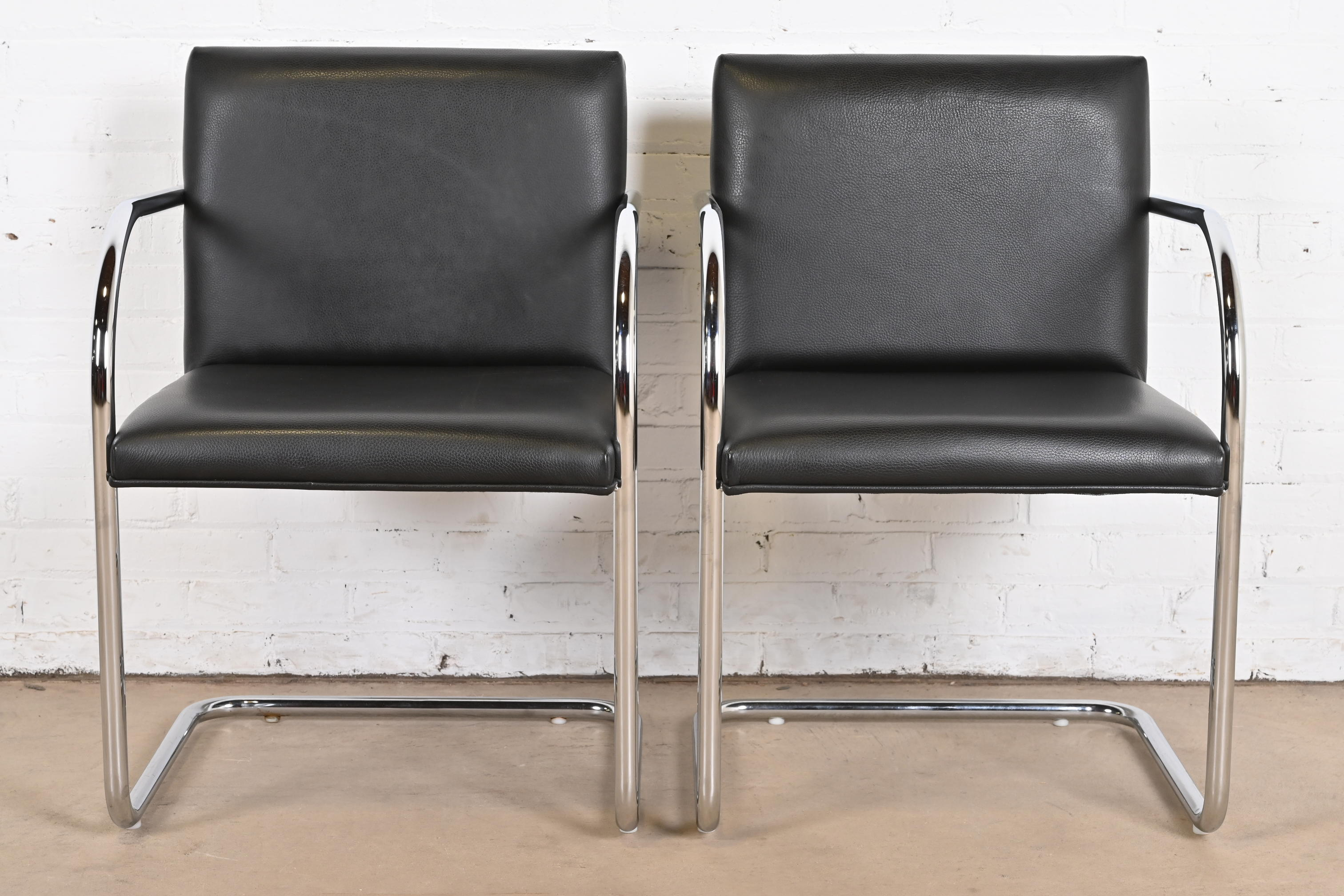 Mies Van Der Rohe Black Leather and Chrome Brno Chairs, Pair - Image 7