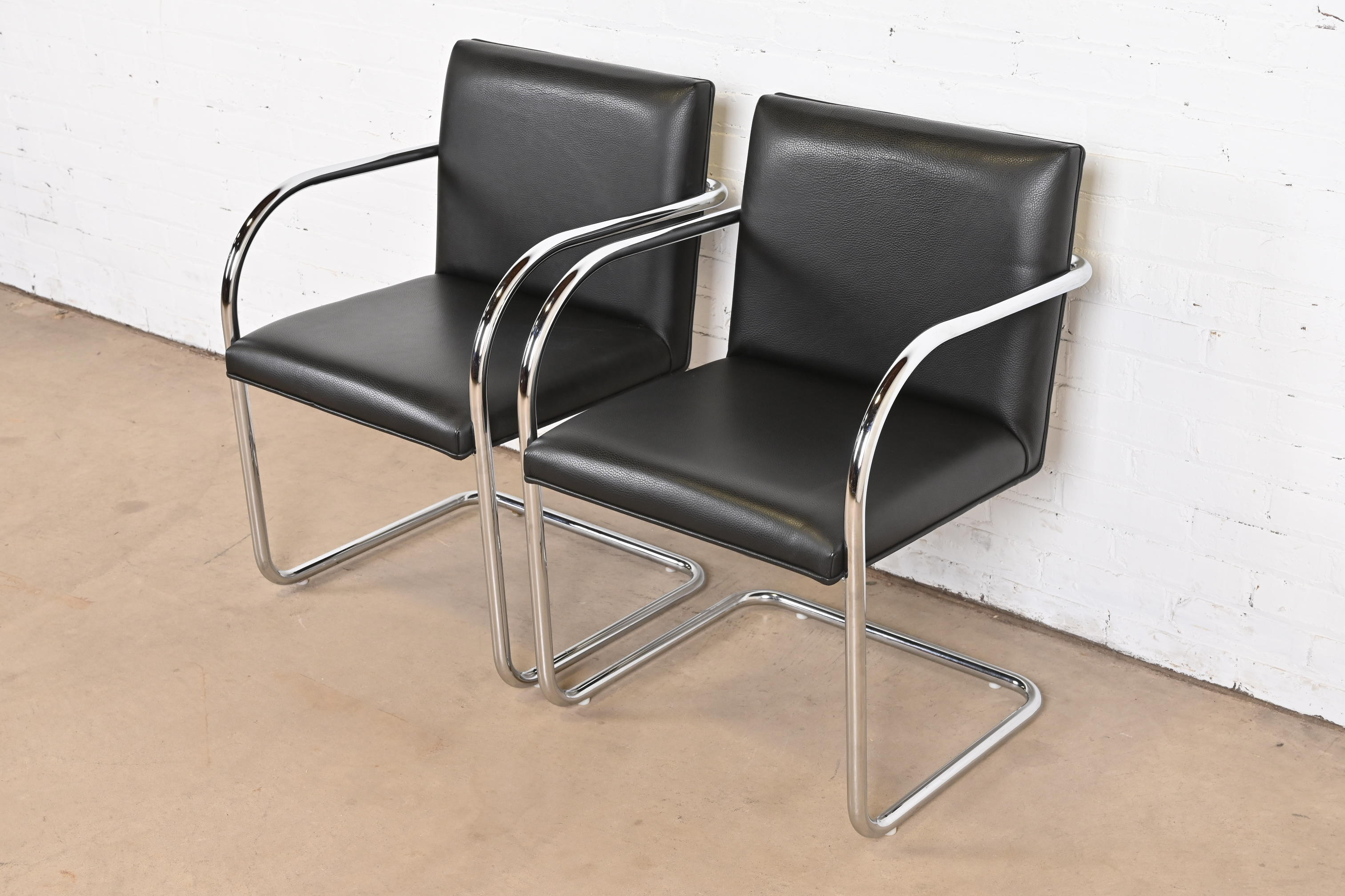 Mies Van Der Rohe Black Leather and Chrome Brno Chairs, Pair - Image 2
