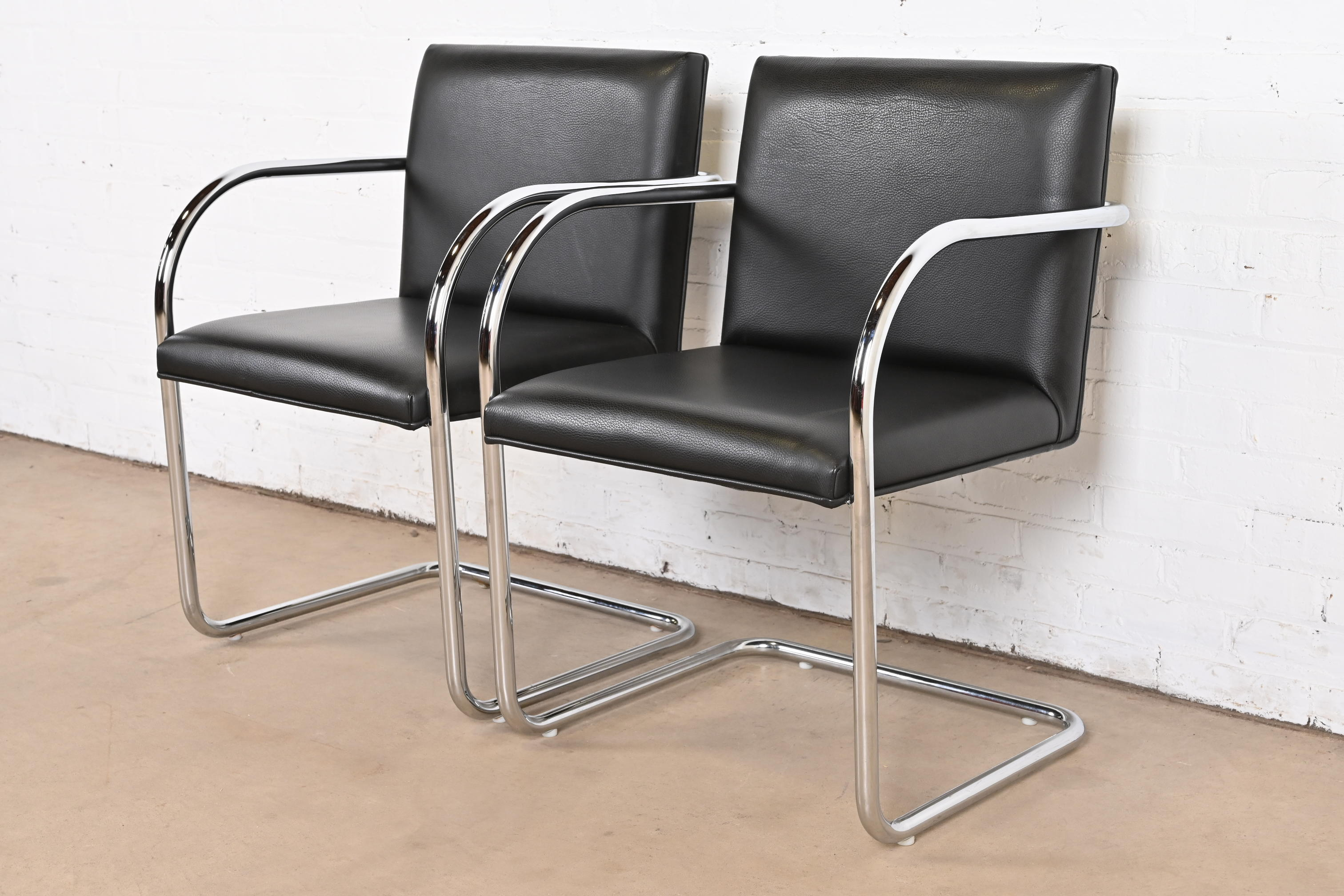 Mies Van Der Rohe Black Leather and Chrome Brno Chairs, Pair