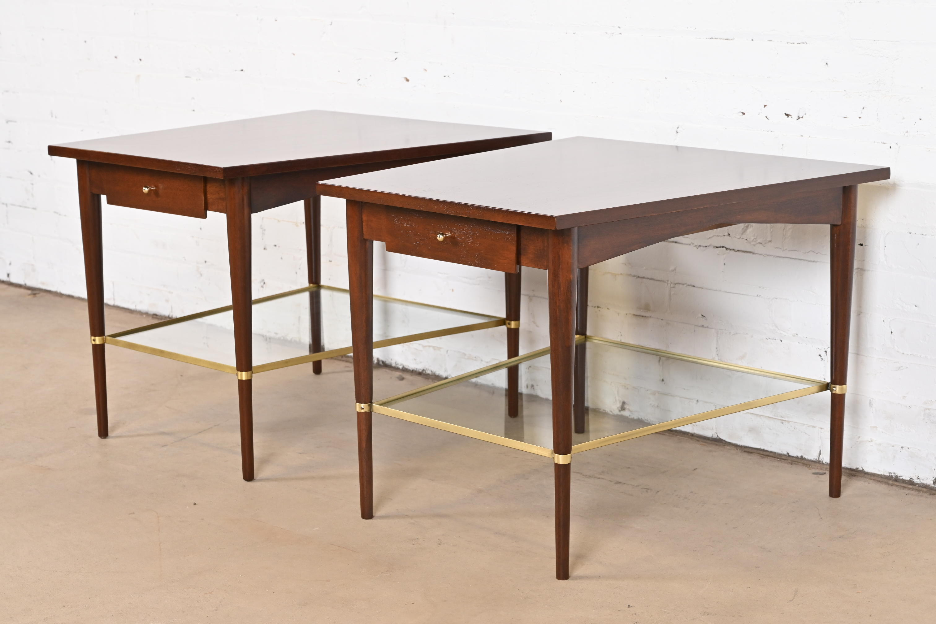 Paul McCobb Connoisseur Collection Mahogany and Brass Wedge Nightstands or Side Tables, Newly Refinished