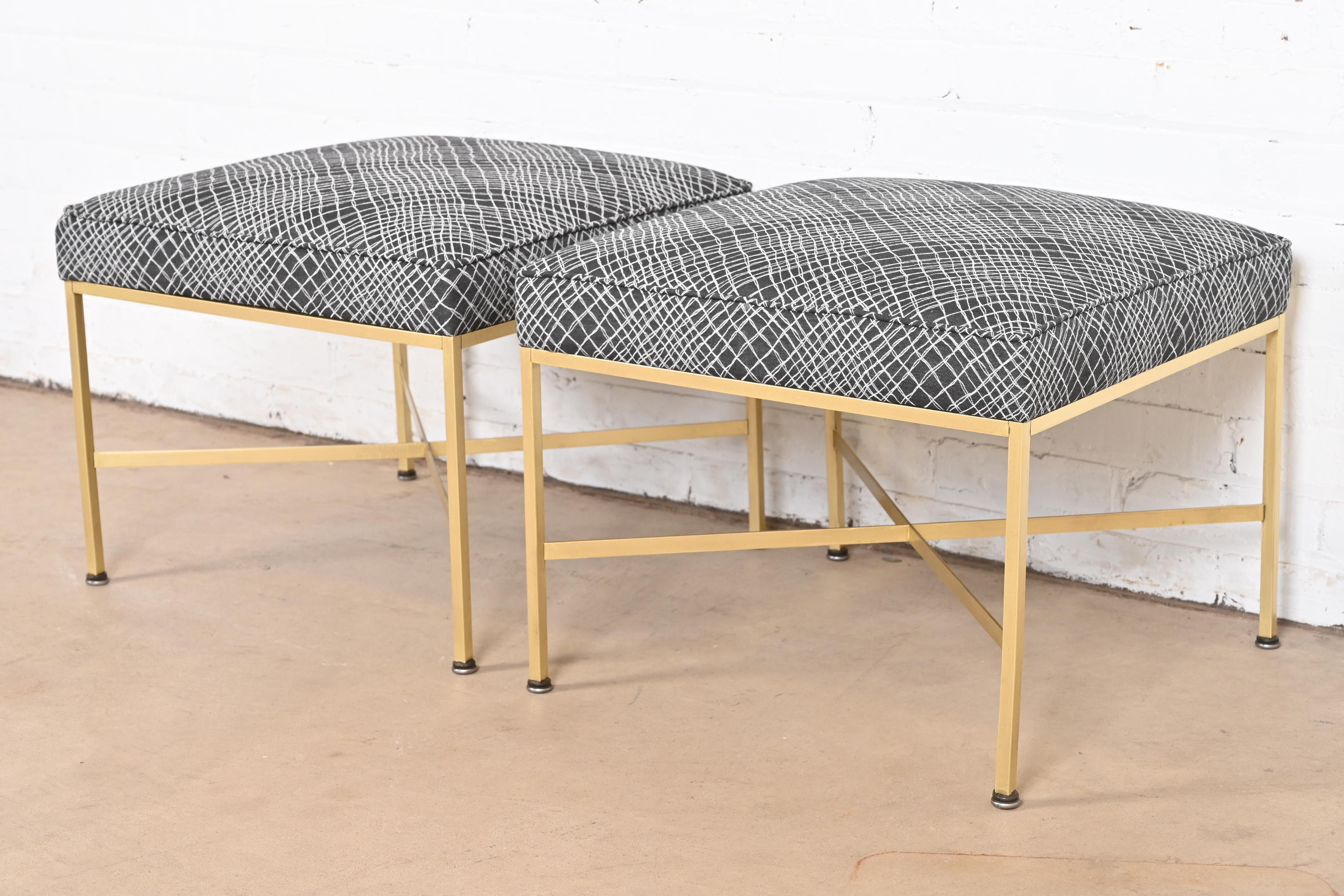 Paul McCobb for Directional X-Base Brass and Upholstered Stools or Ottomans, Newly Restored - Image 3